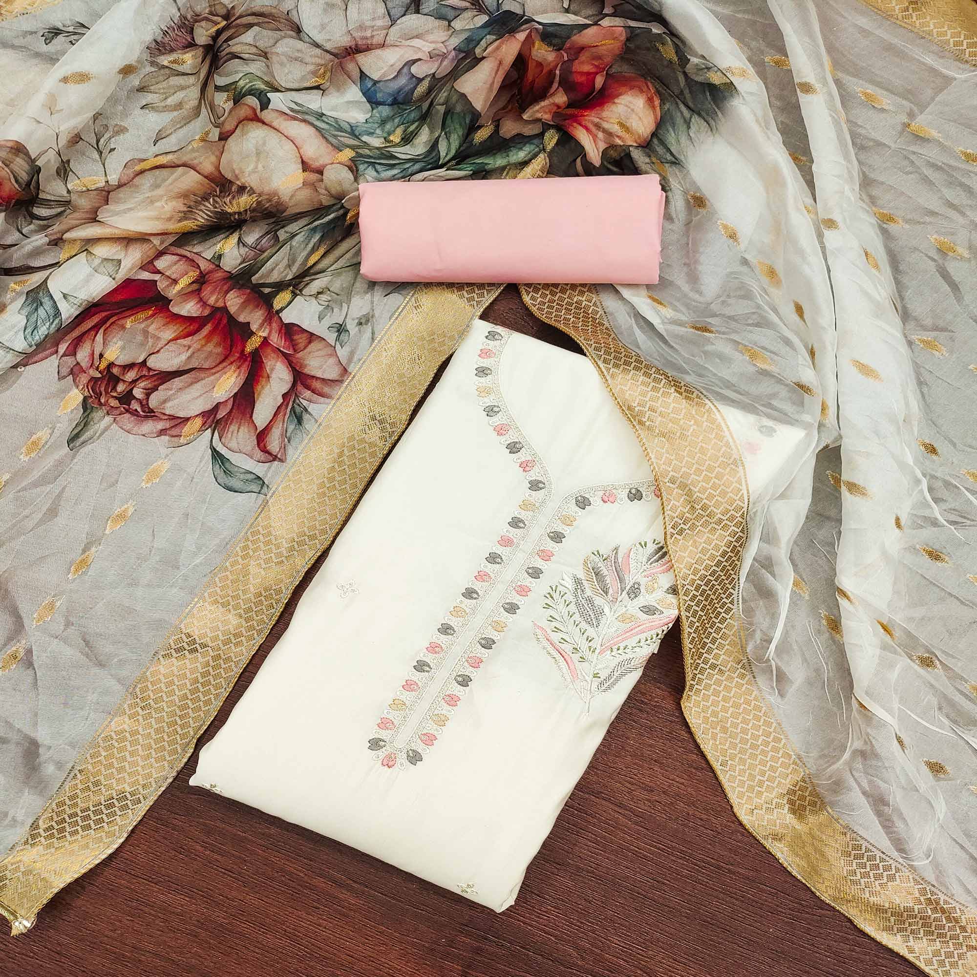 Offwhite Floral Embroidered Cotton Silk Dress Material