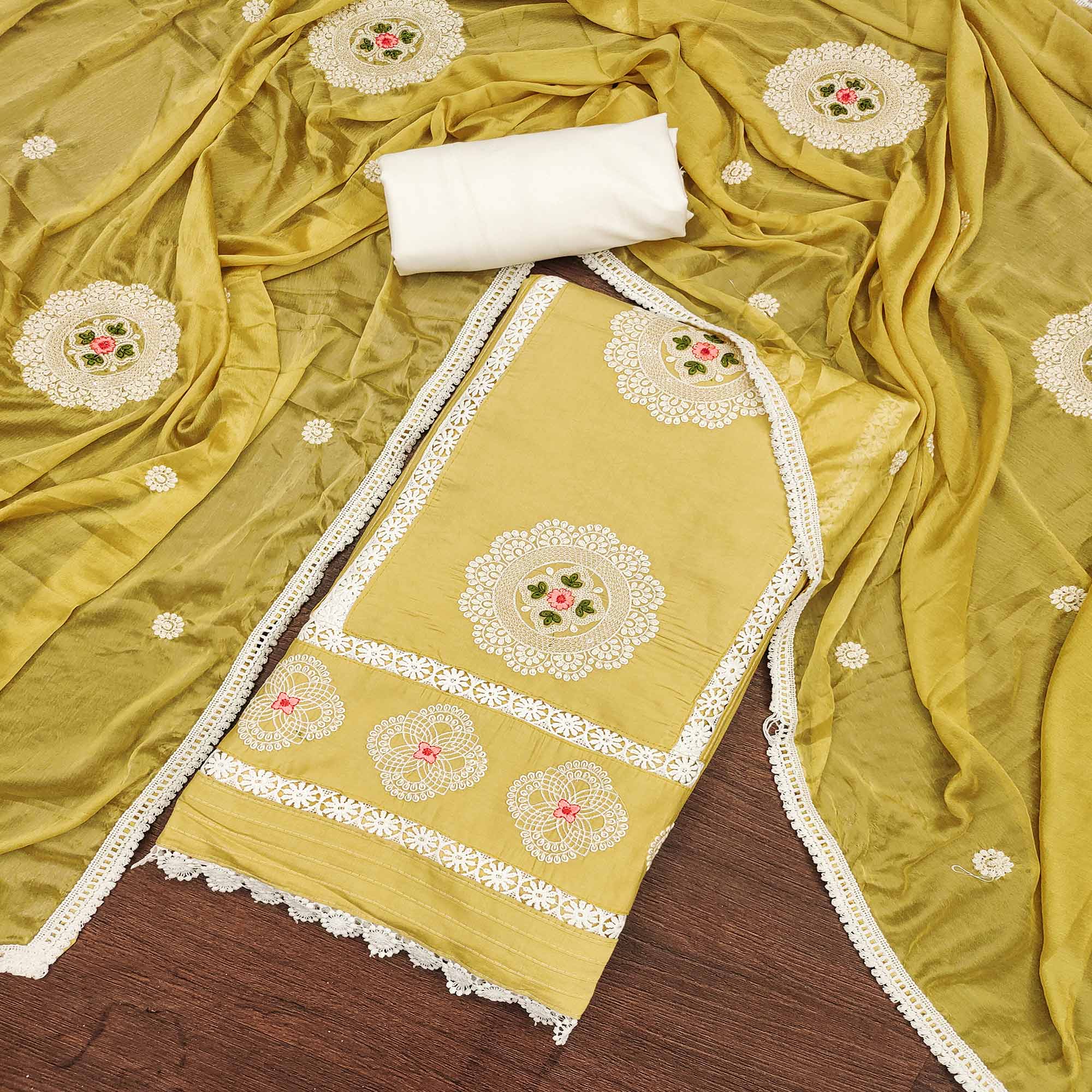 Yellow Floral Embroidered Cotton Silk Dress Material