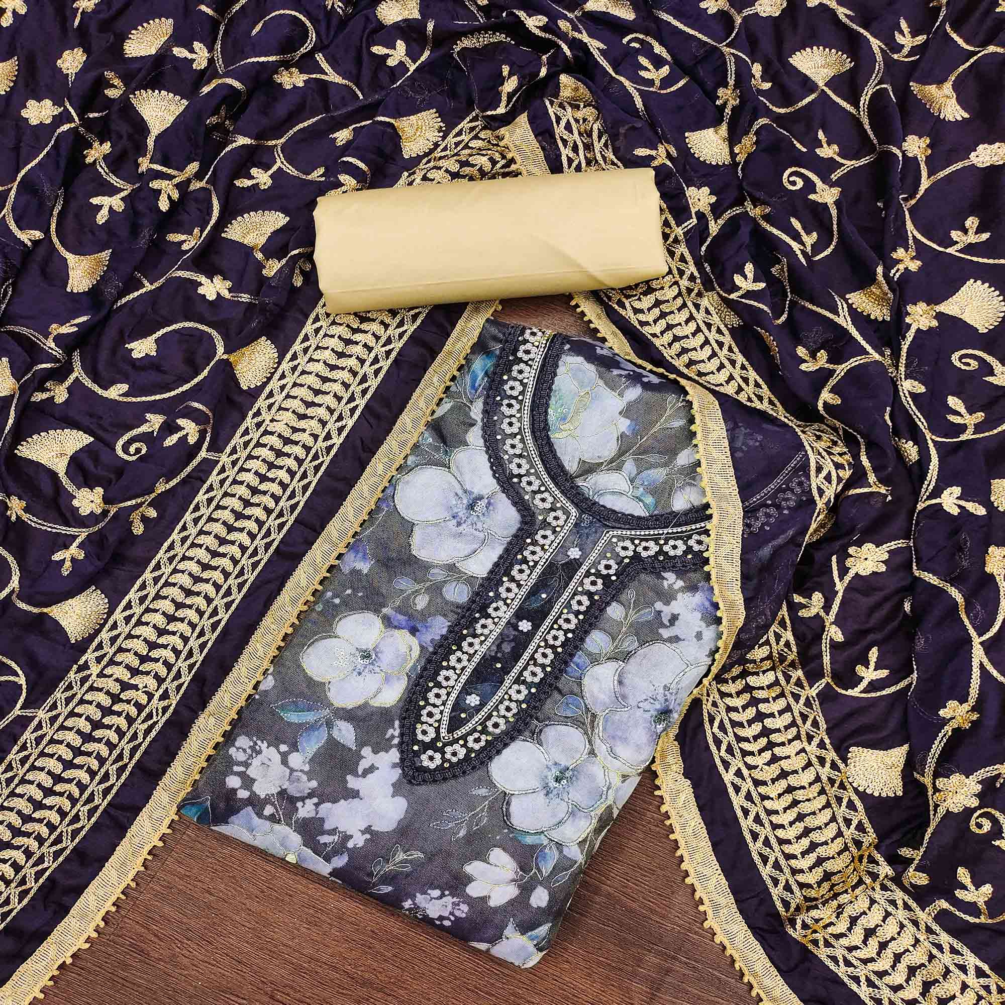 Blue Floral Printed With Hand Embroidered Viscose Dress Material