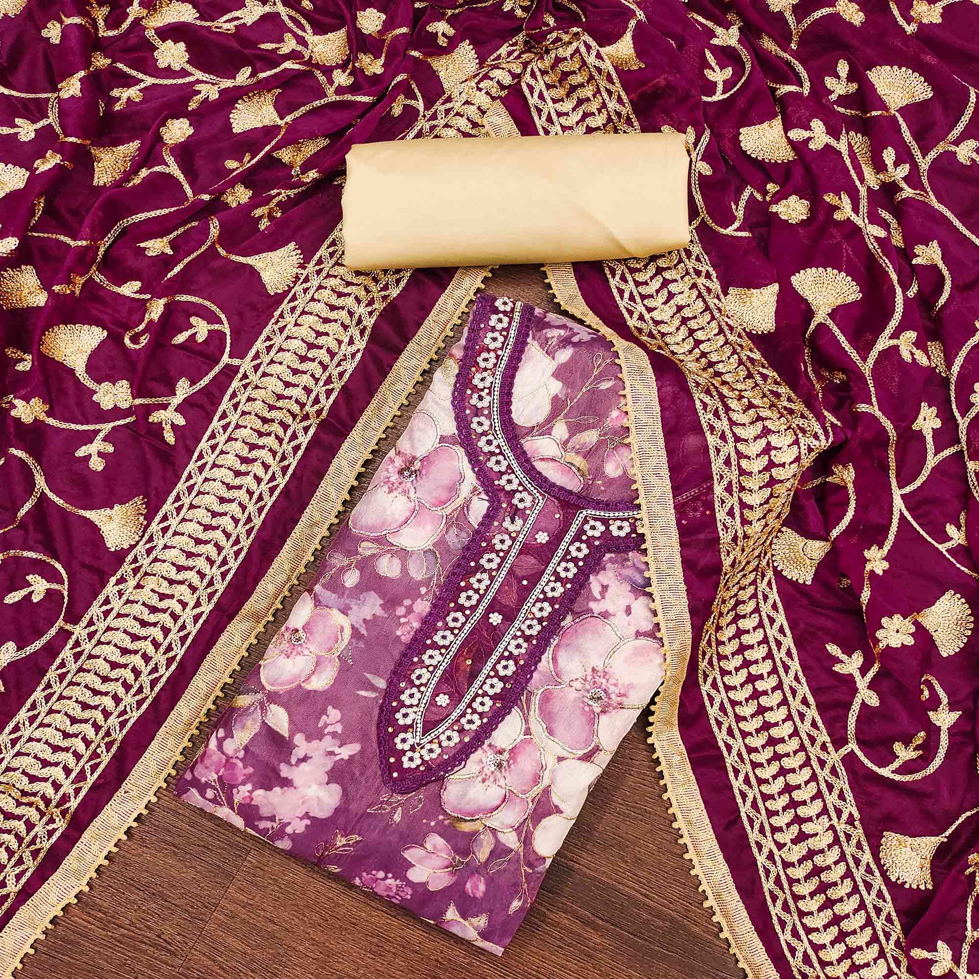 Purple Floral Printed With Hand Embroidered Viscose Dress Material