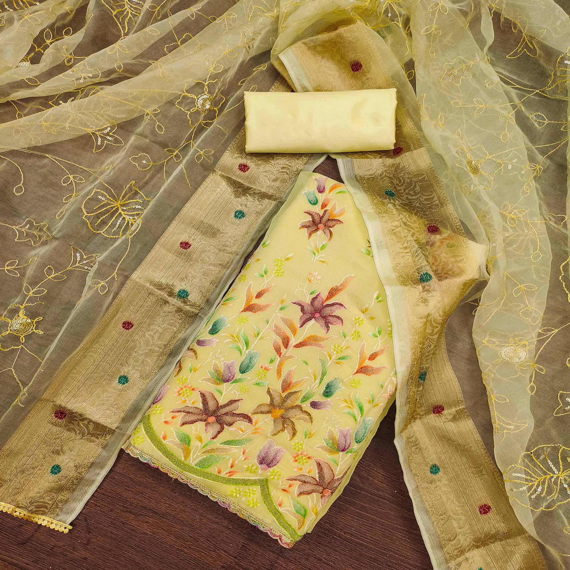 Yellow Floral Hand Embroidered Organza Dress Material