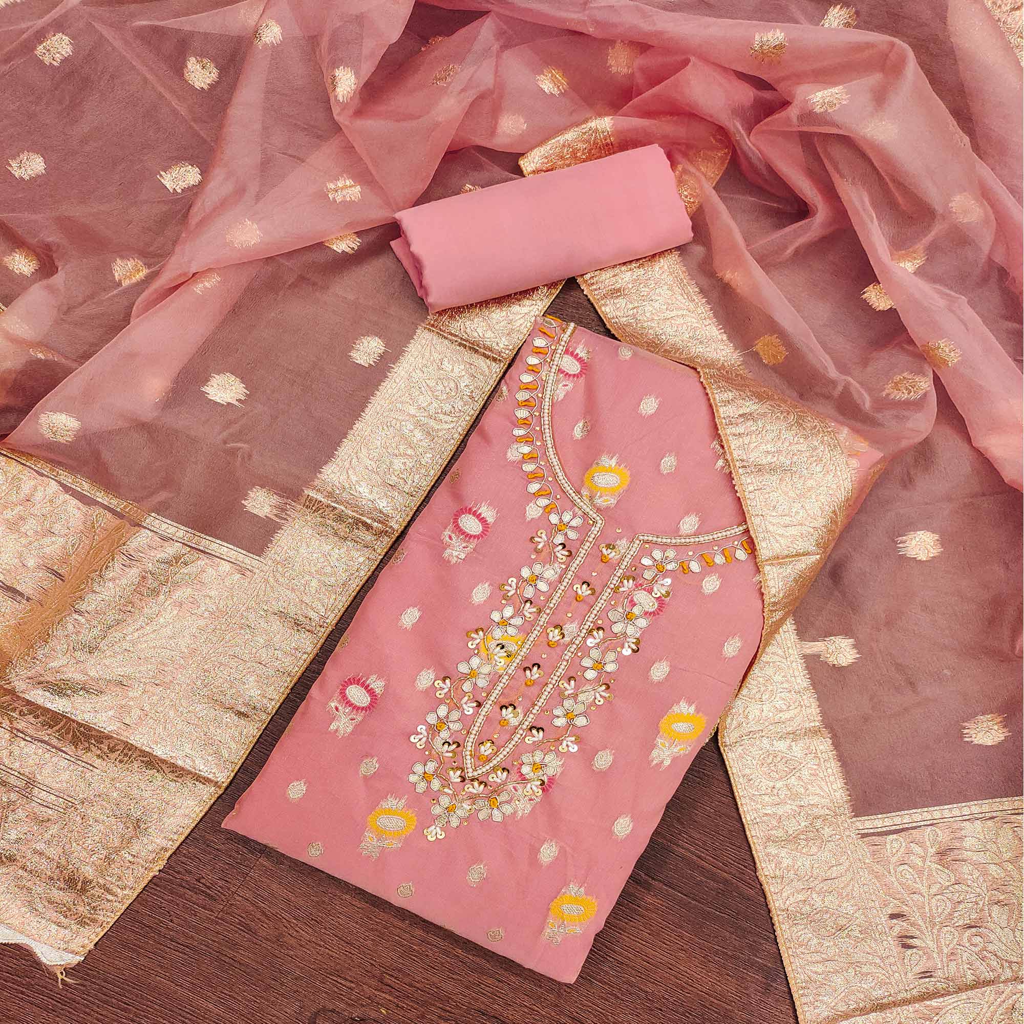 Pink Woven With Handwork Organza Dress Material