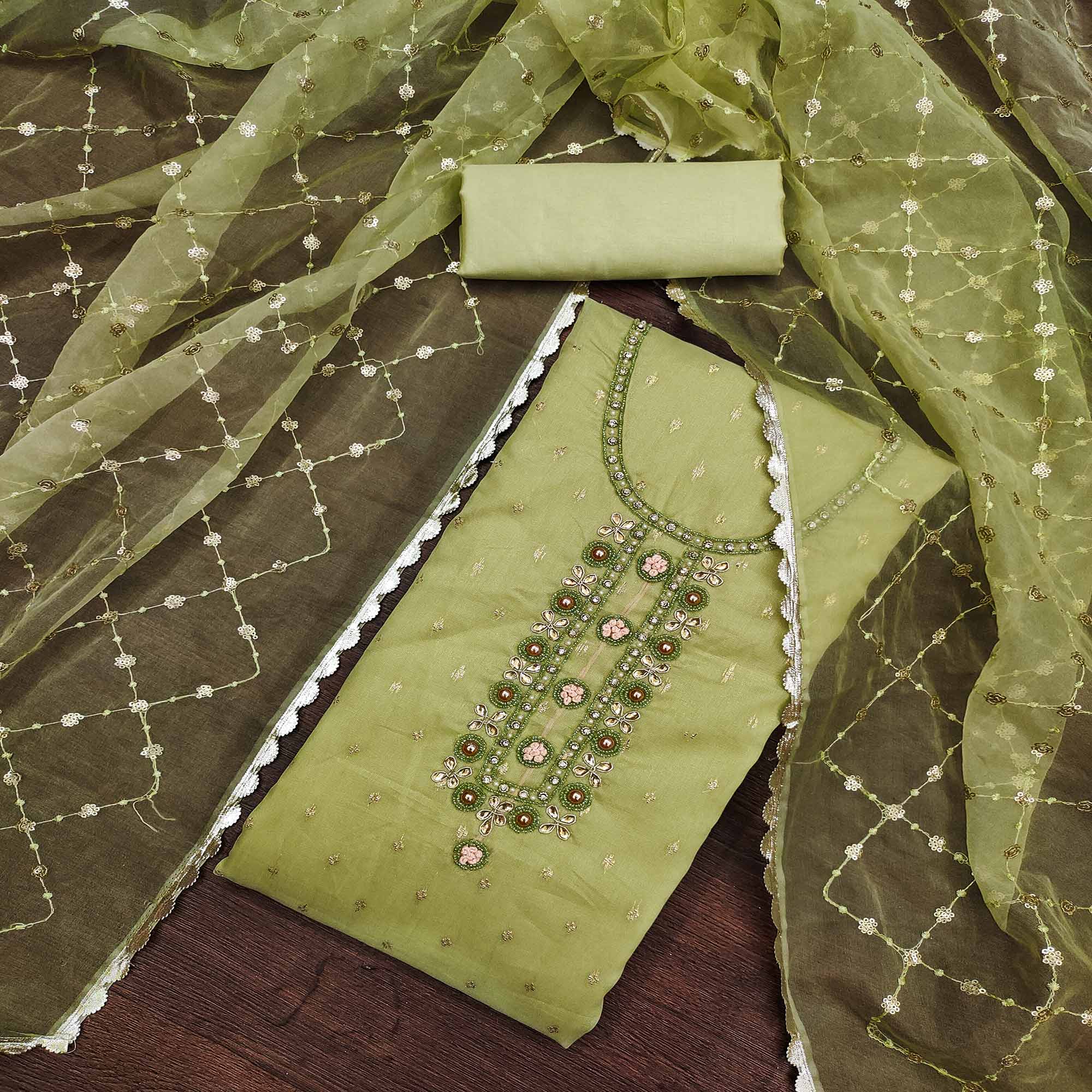 Pista Green Woven With Handwork Organza Dress Material