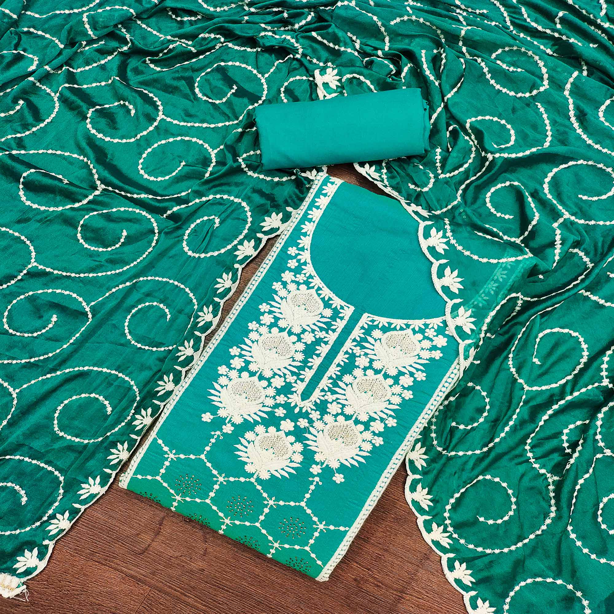 Rama Green Floral Sequins Embroidered Chanderi Silk Dress Material