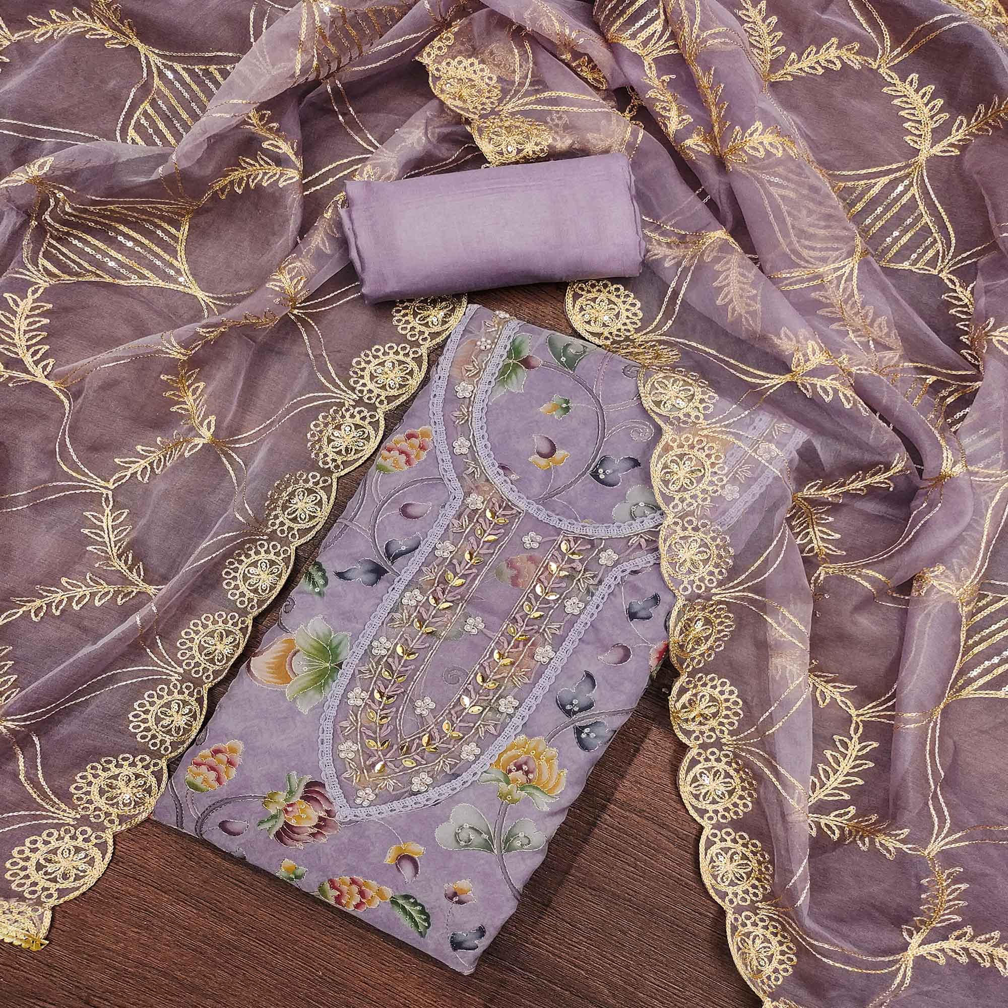 Purple Floral Digital Printed With Hand Embroidery Organza Dress Material