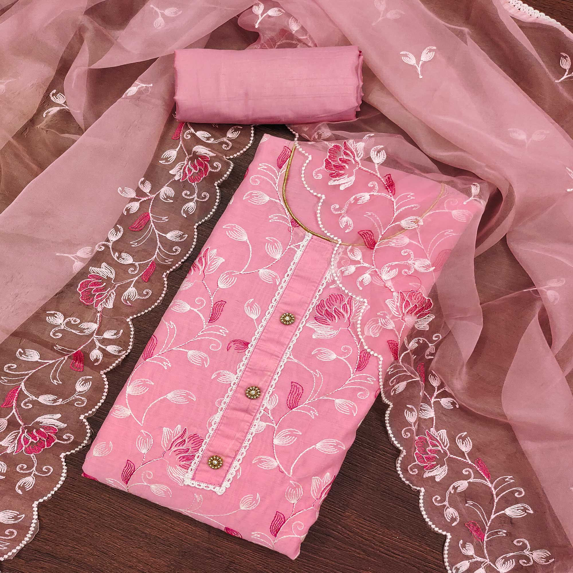 Pink Floral Embroidered Chanderi Silk Dress Material