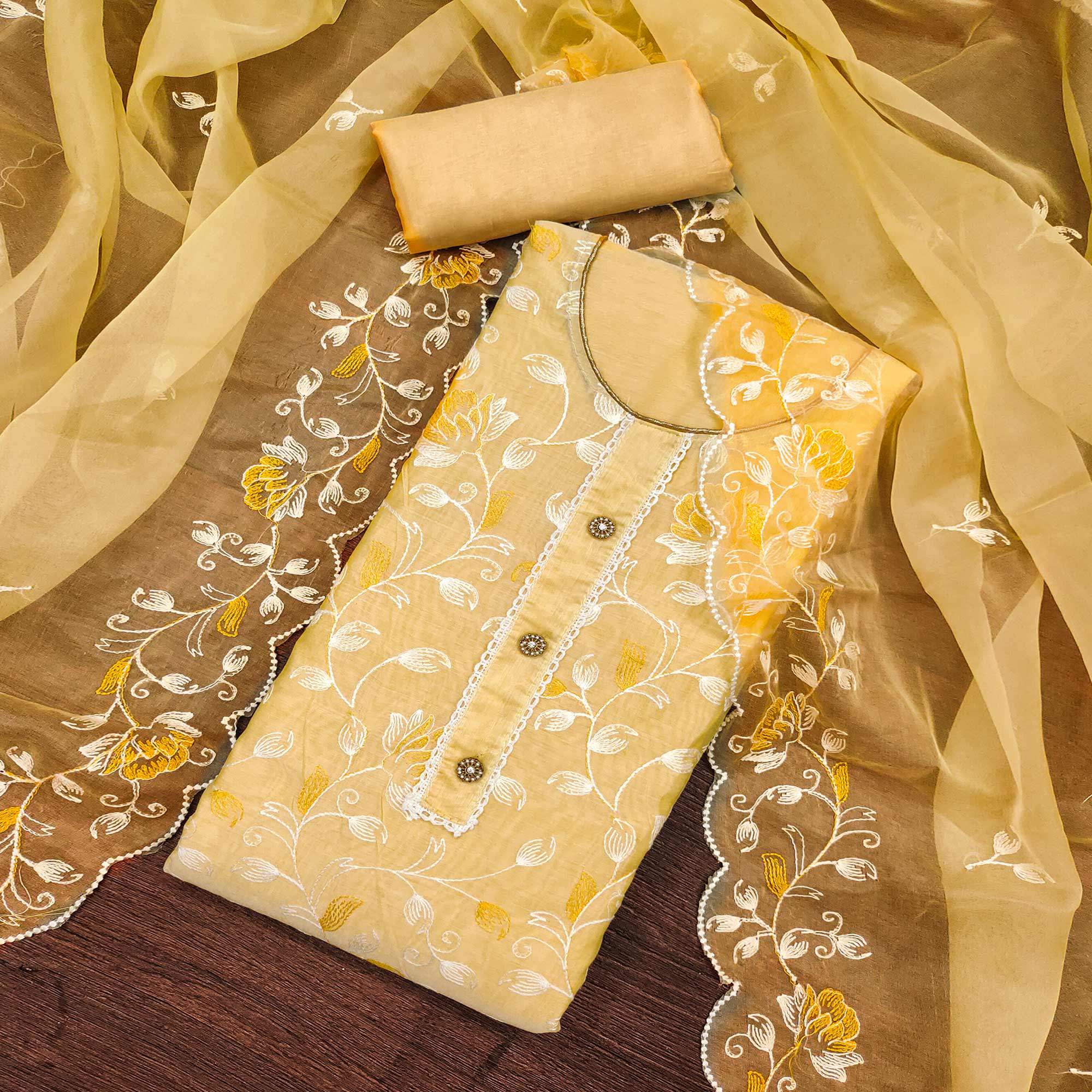 Yellow Floral Embroidered Chanderi Silk Dress Material