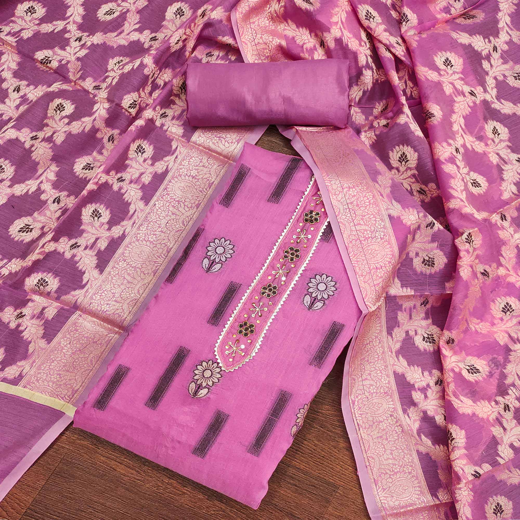 Pink Floral Woven With Handwork Chanderi Silk Dress Material