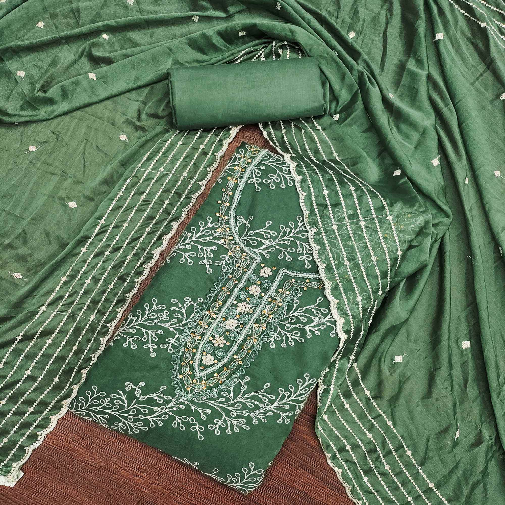 Bottle Green Sequins Embroidery With Handwork Organza Dress Material