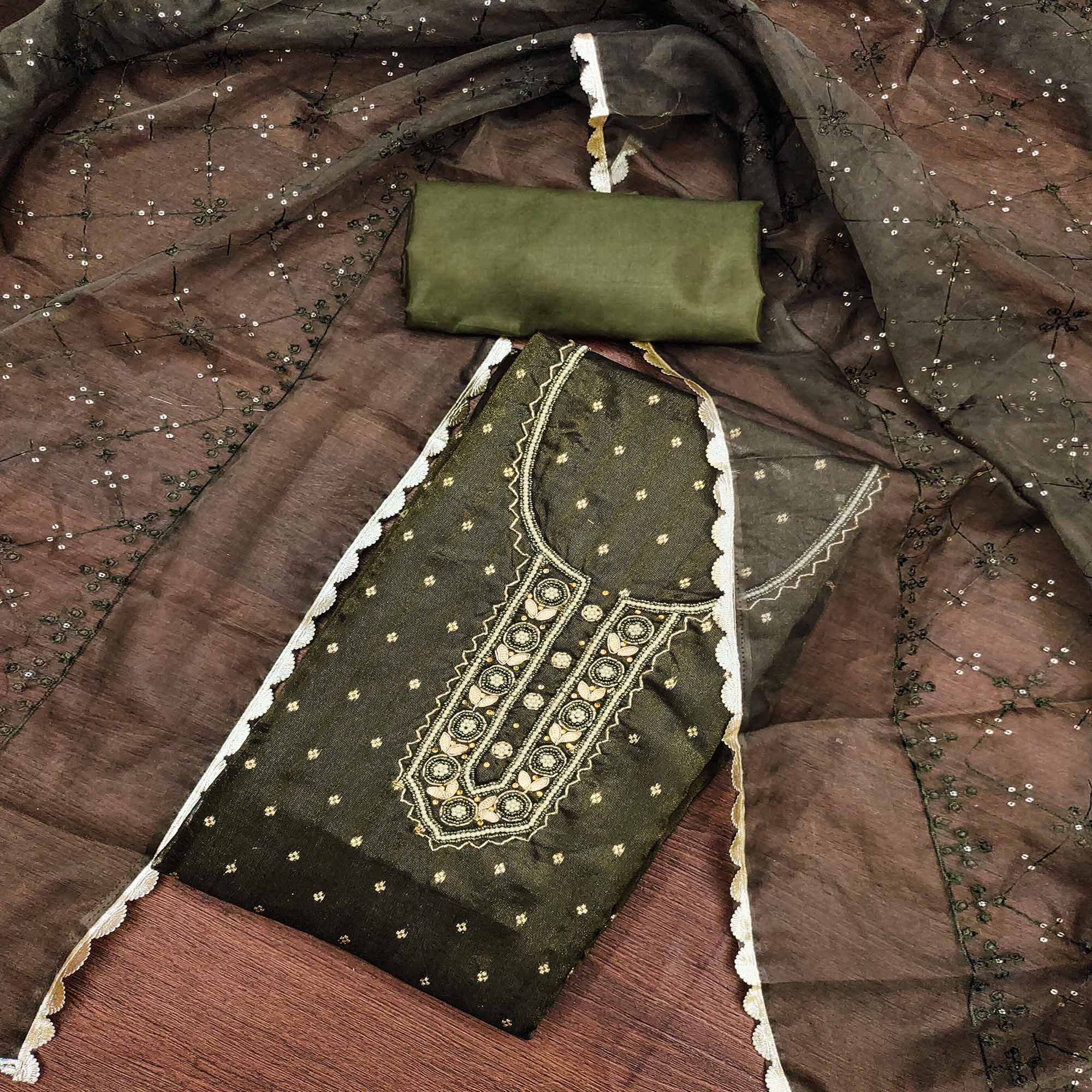 Green Woven With Handwork Organza Dress Material