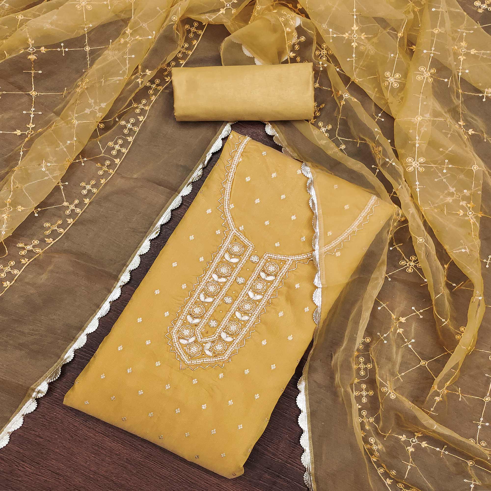 Yellow Woven With Handwork Organza Dress Material