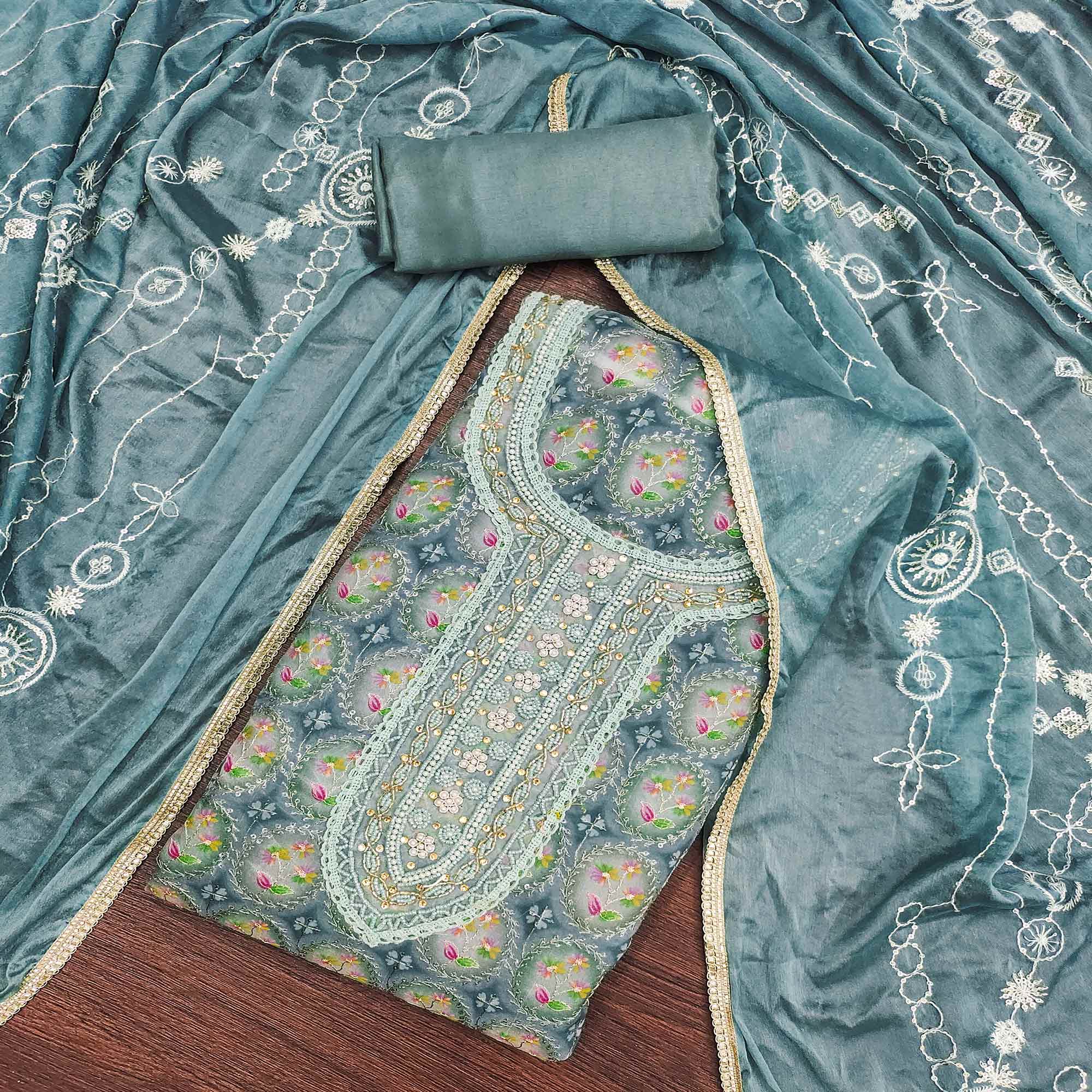 Blue Sequins Embroidery With Handwork Organza Dress Material