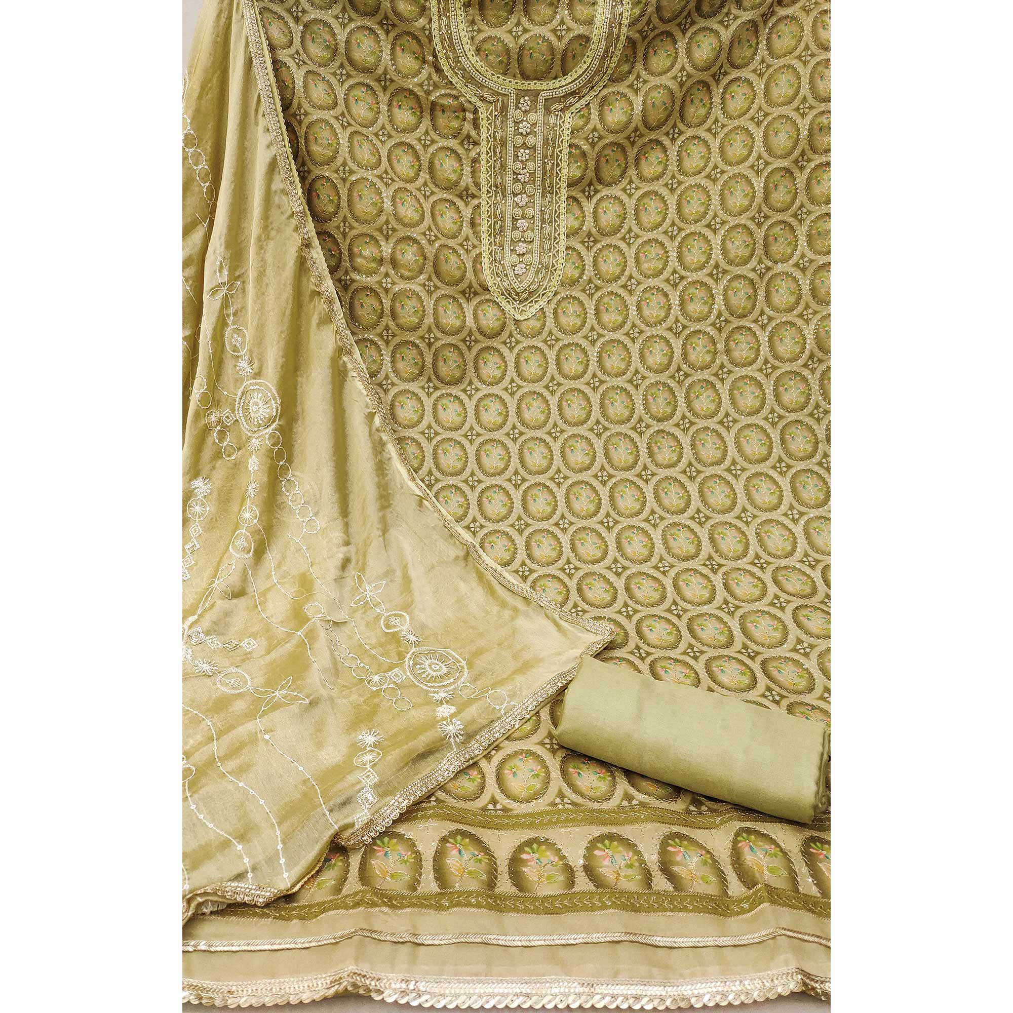 Olive Sequins Embroidery With Handwork Organza Dress Material