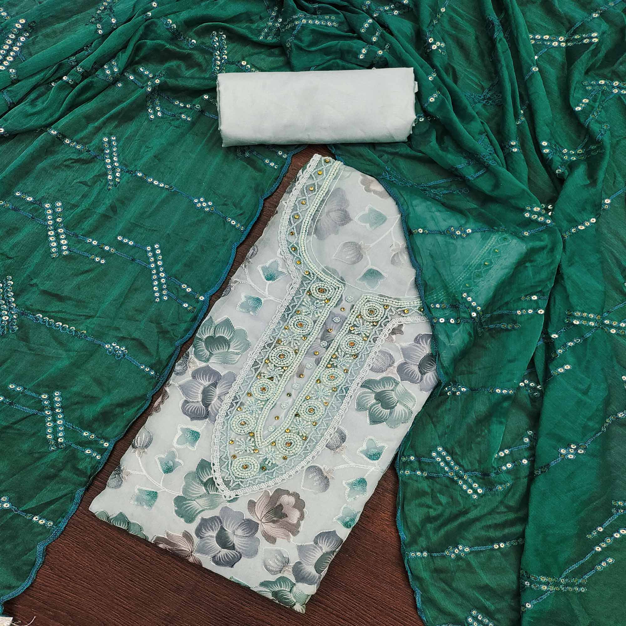 Light Grey Hand Embroidery With Digital Printed Organza Dress Material