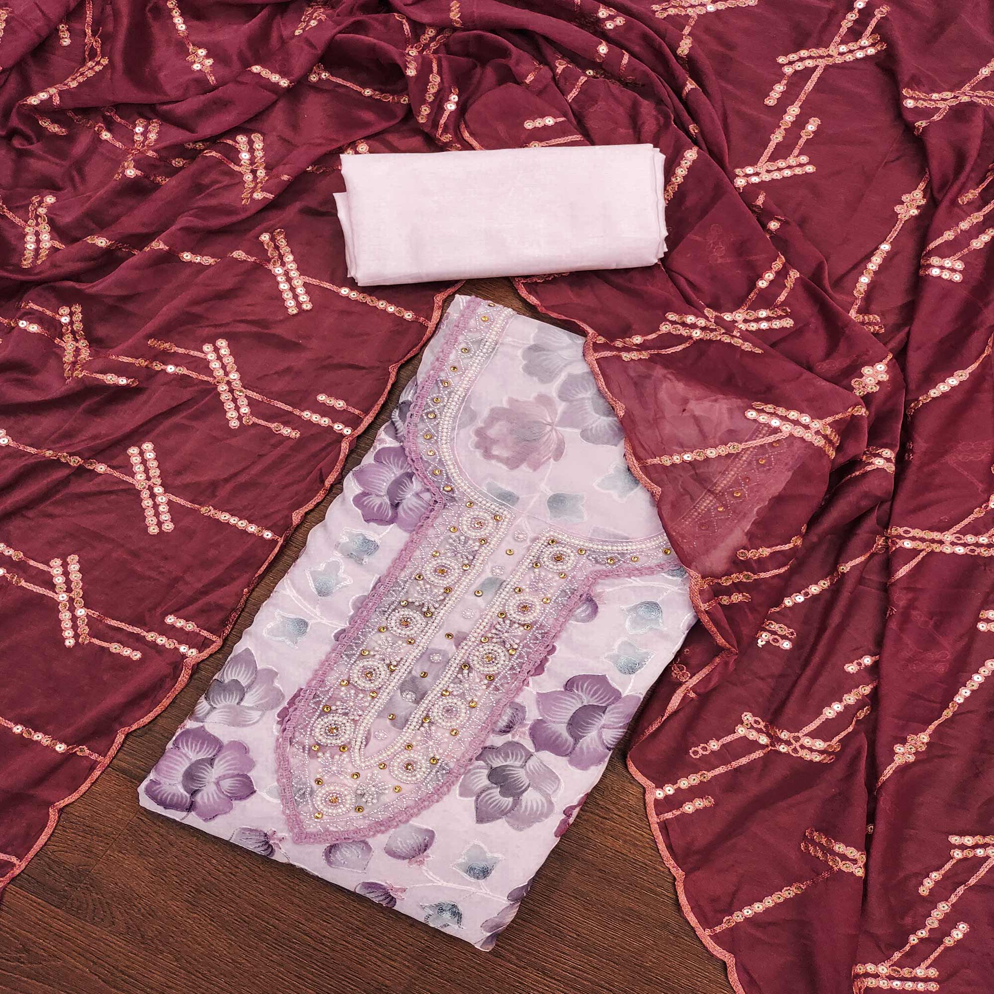 Light Pink Hand Embroidery With Digital Printed Organza Dress Material