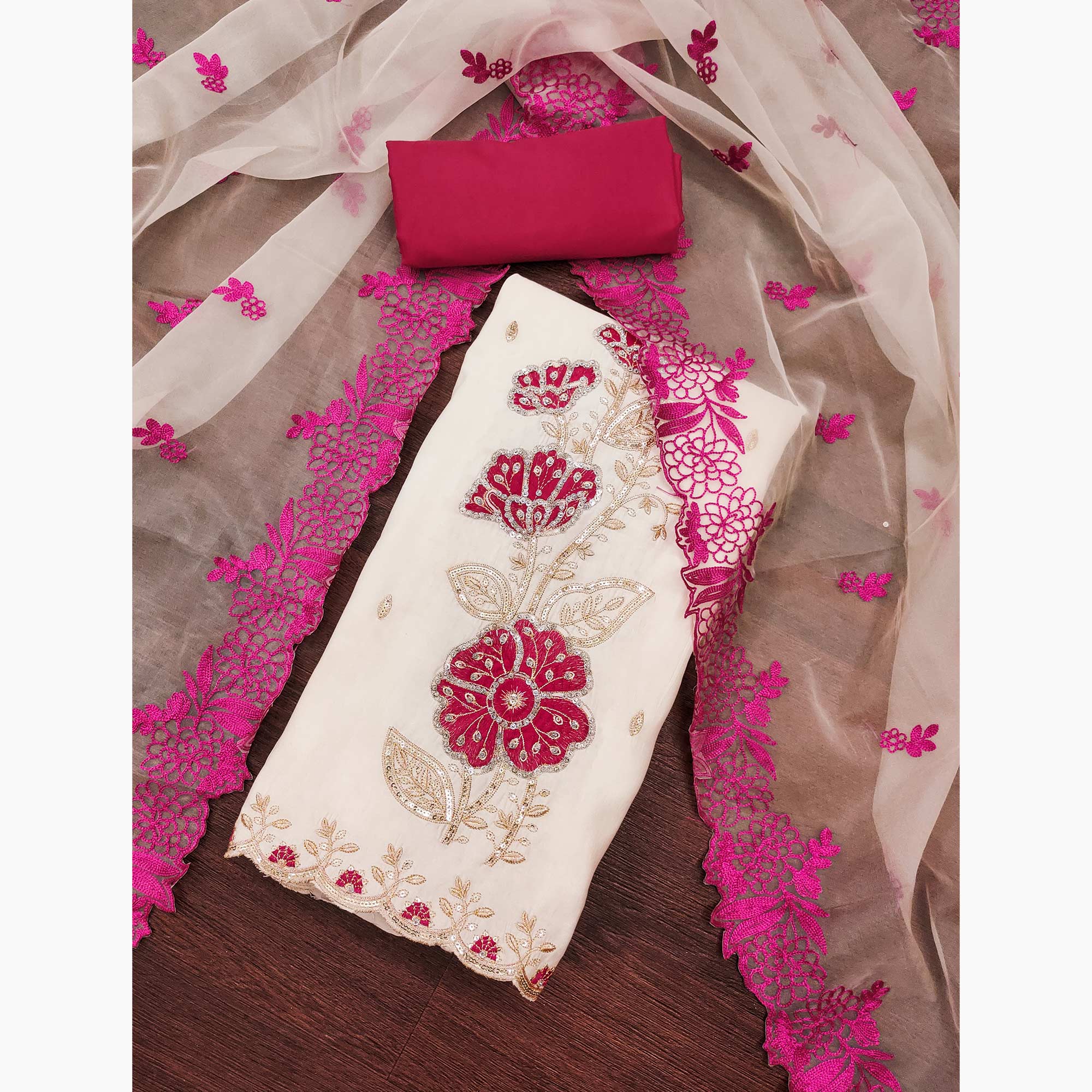 Cream Floral Hand Embroidered Cotton Silk Dress Material