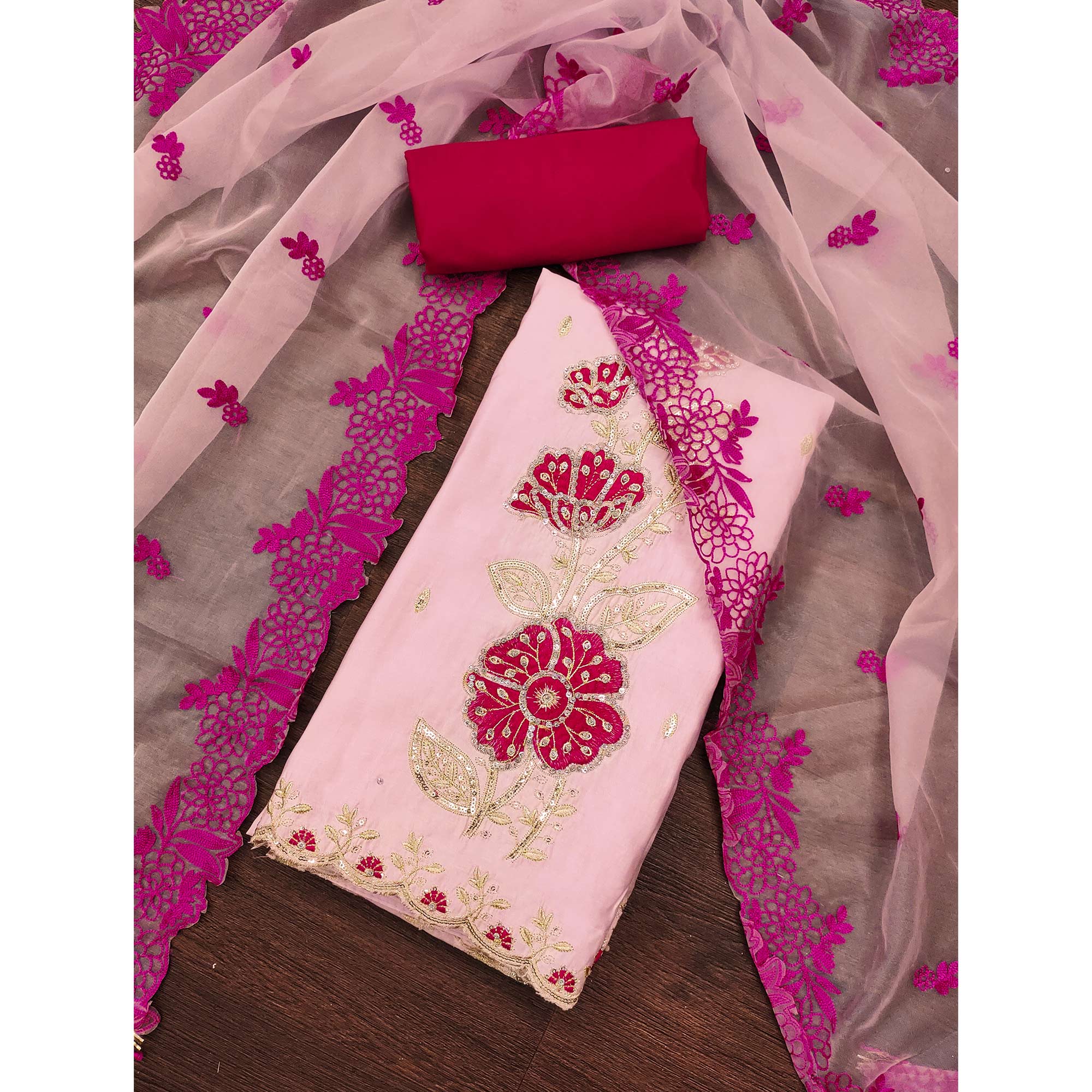 Pink Floral Hand Embroidered Cotton Silk Dress Material