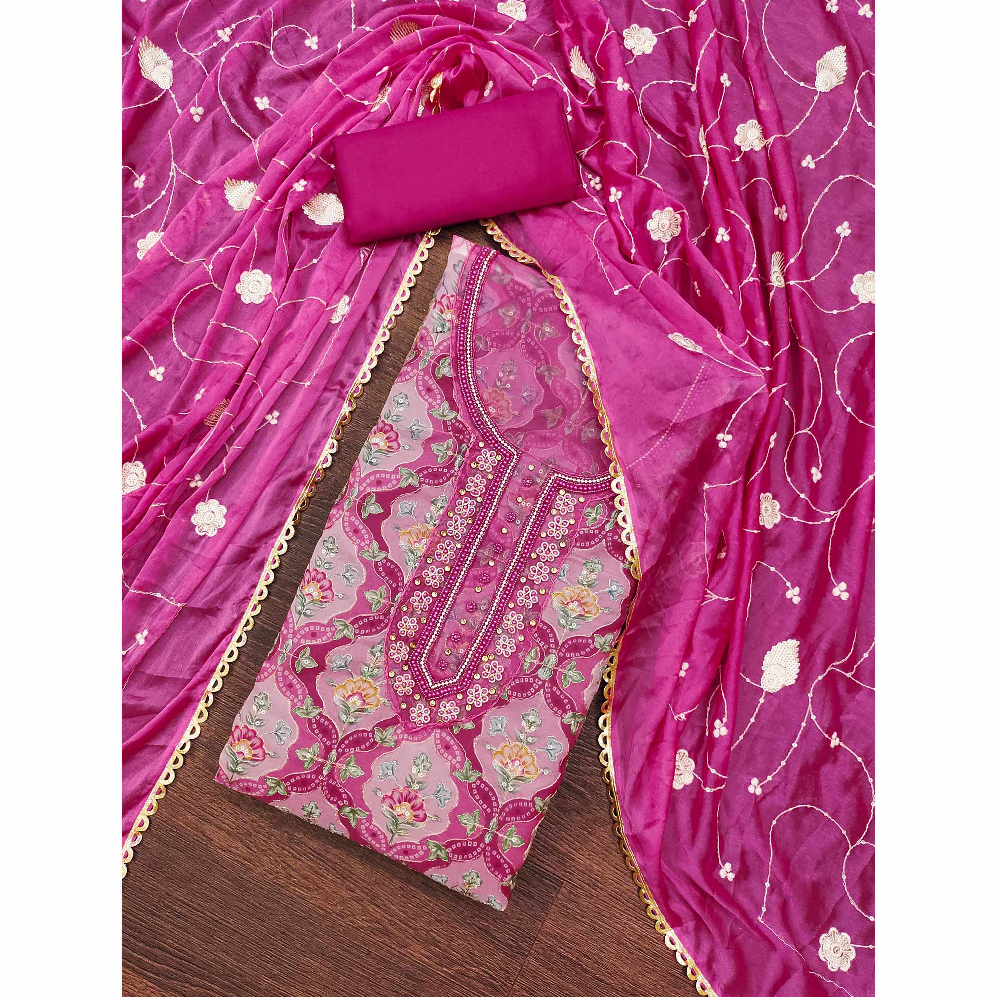 Rani Pink Floral Printed With Hand Embroidery Organza Dress Material