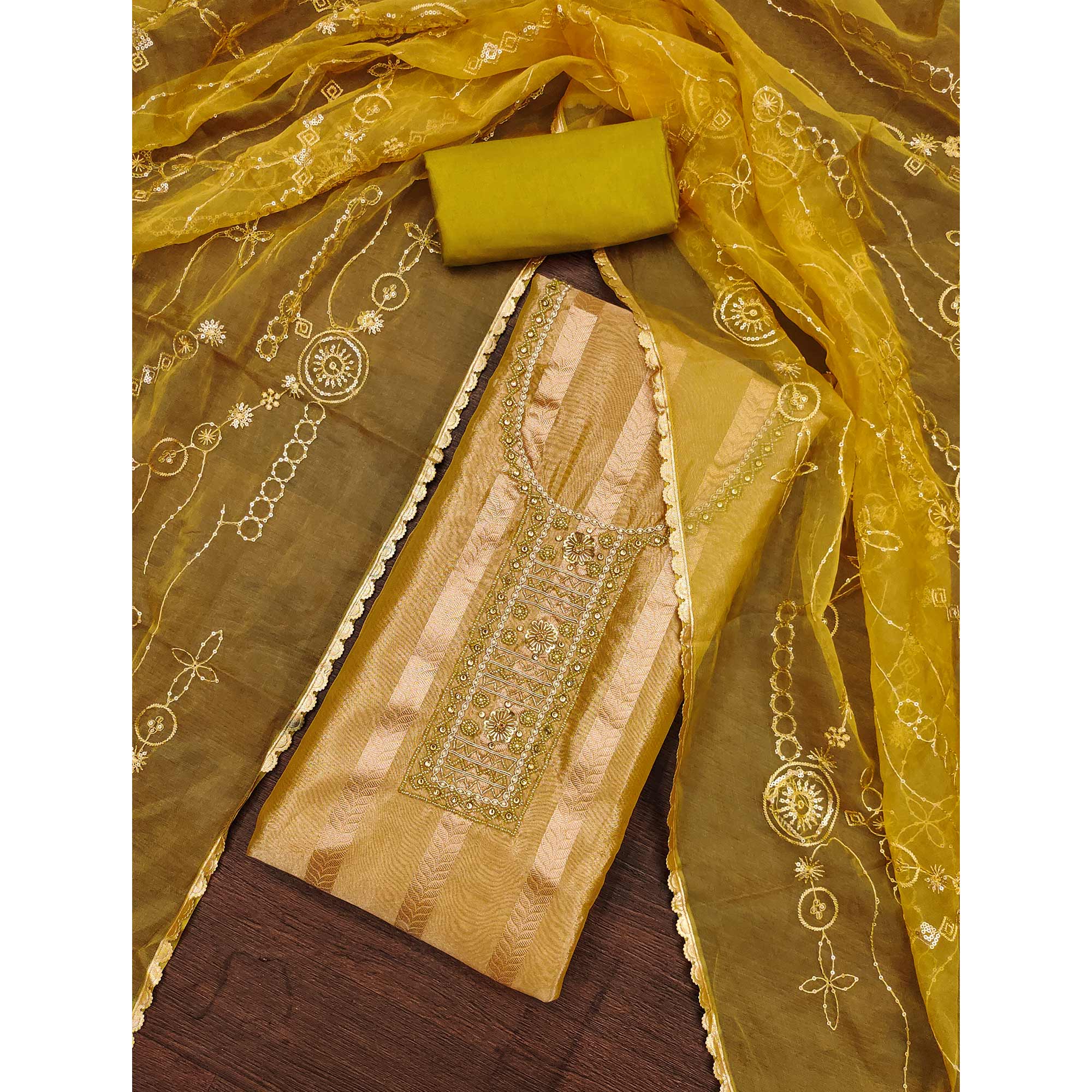 Green Sequins Hand Embroidery Organza Dress Material