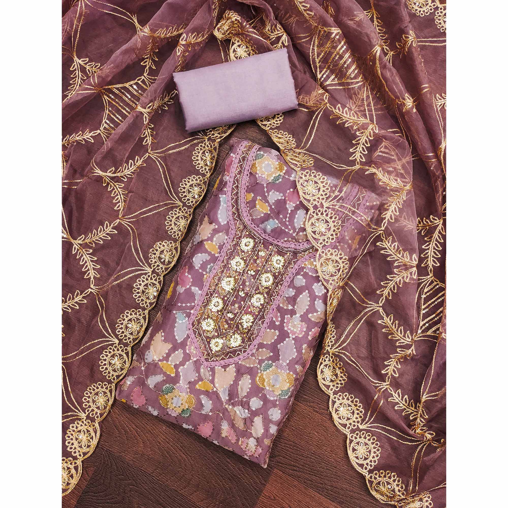 Mauve Floral Sequins Embroidery Organza Dress Material