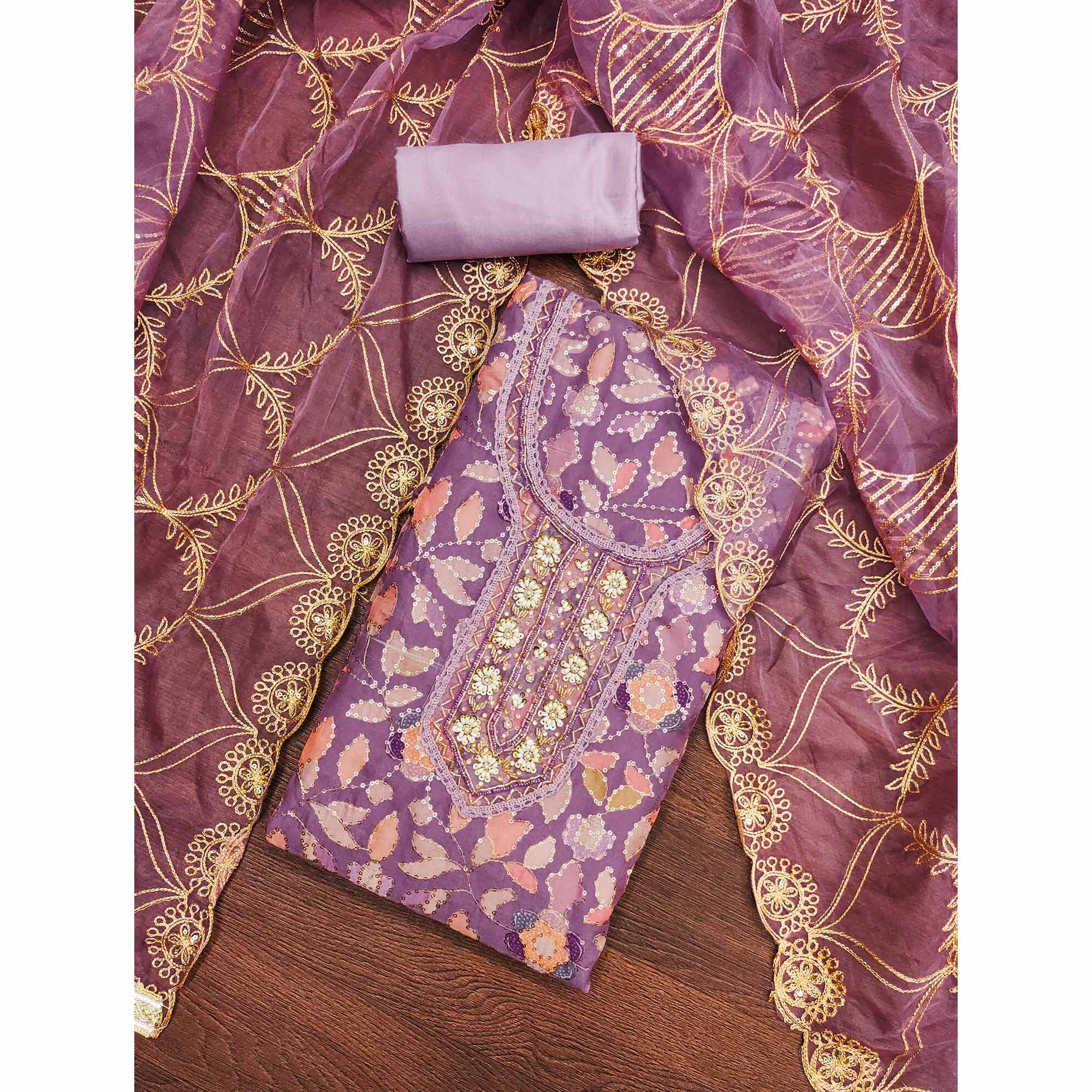 Purple Floral Sequins Embroidery Organza Dress Material