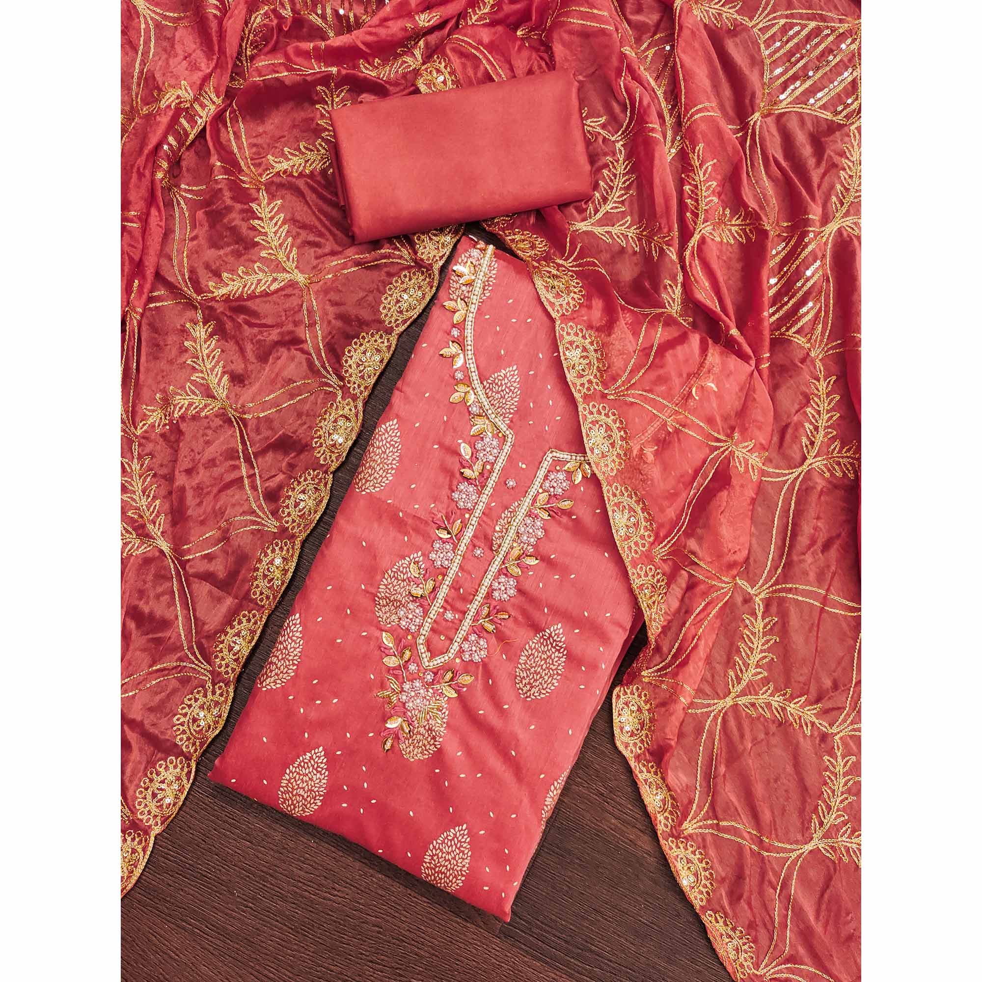 Peach Printed With Hand Embroidered Chanderi Silk Dress Material