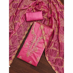 Pink Printed With Hand Embroidered Chanderi Silk Dress Material