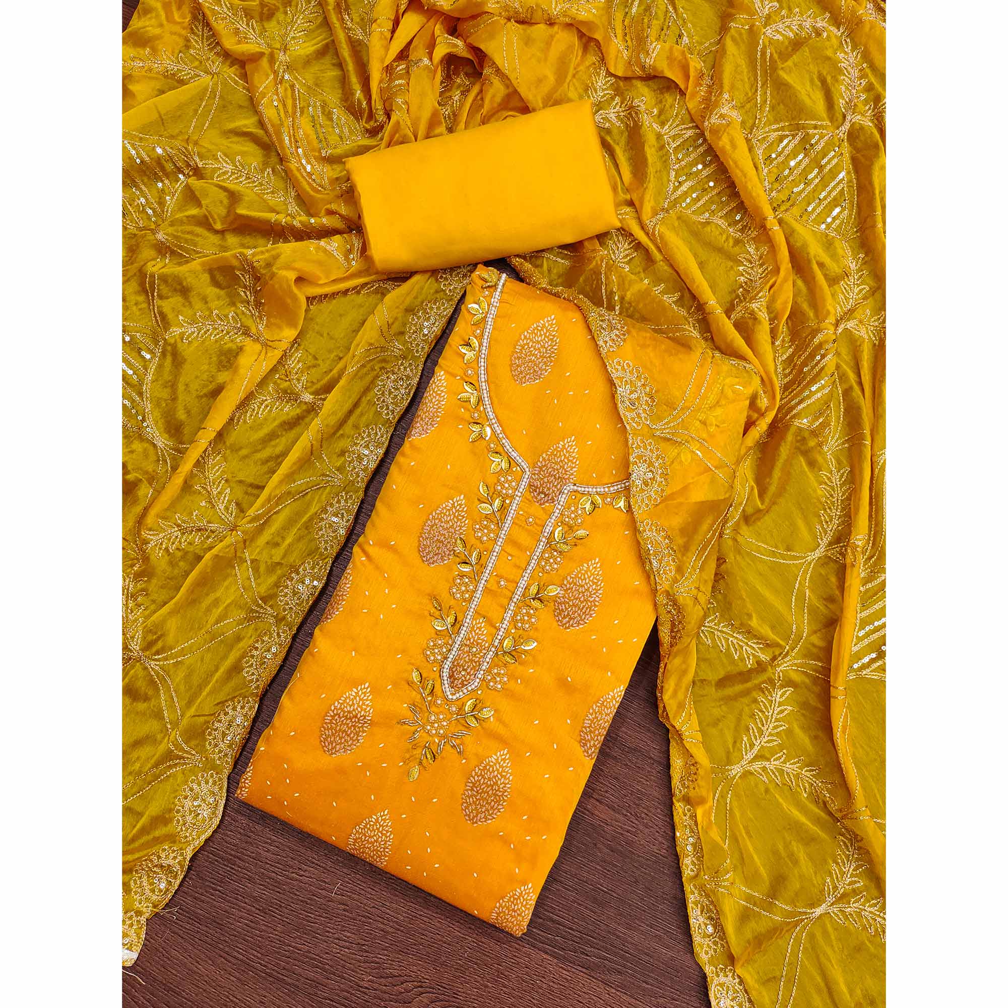 Yellow Printed With Hand Embroidered Chanderi Silk Dress Material
