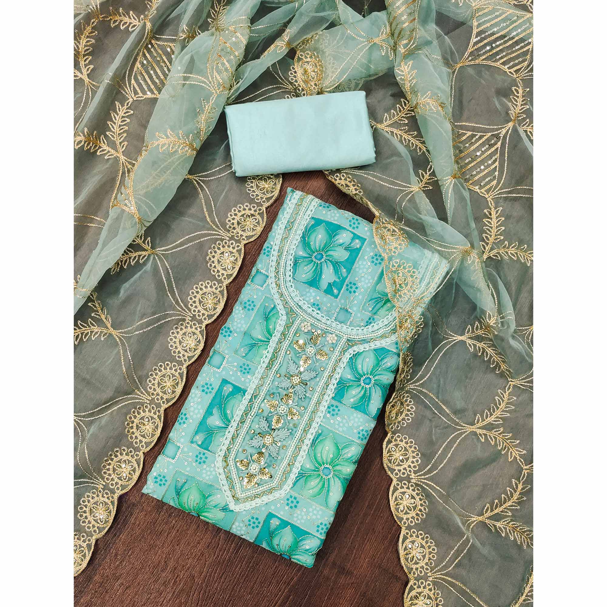 Turquoise Floral Print With Sequins Hand Embroidered Organza Dress Material