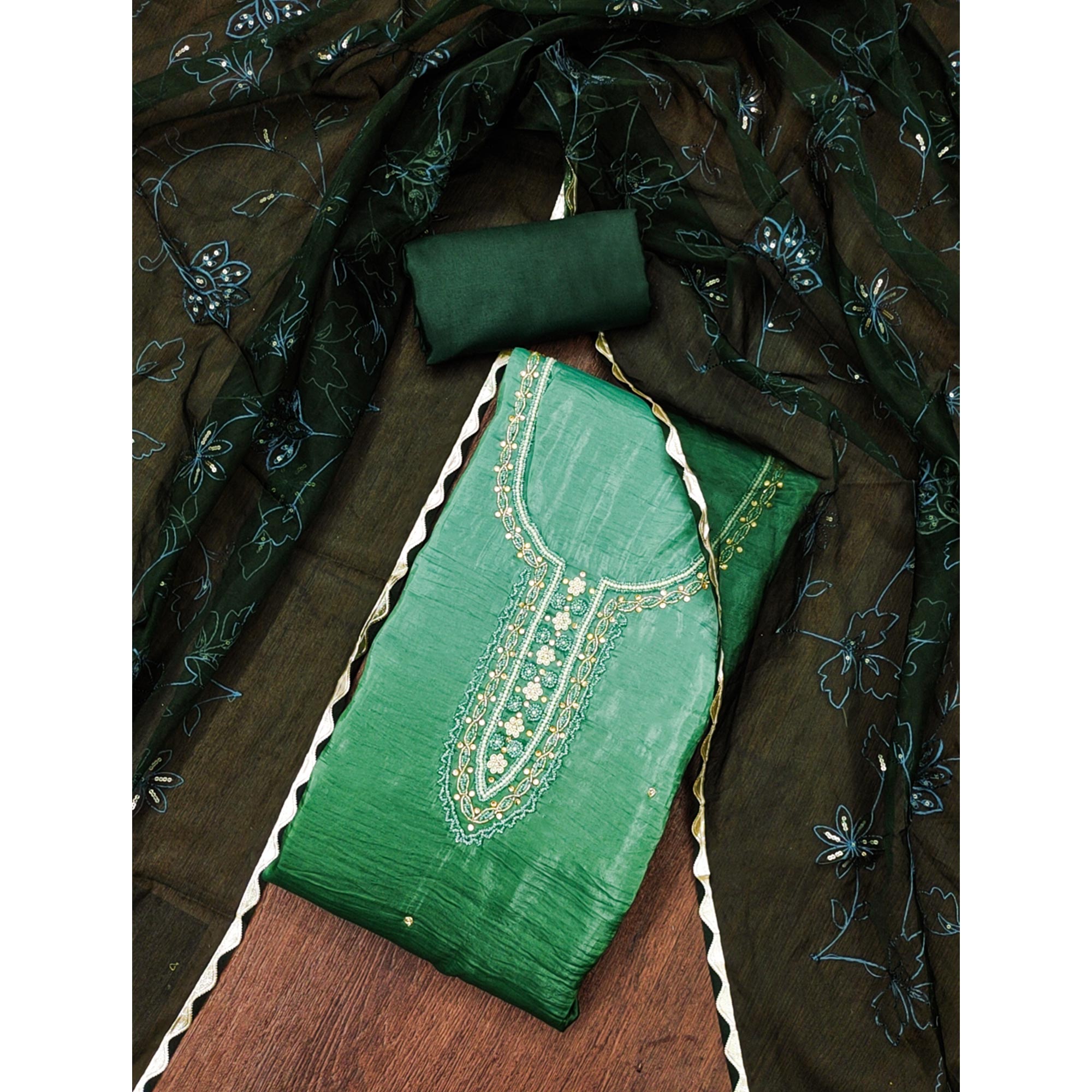 Green Floral Handwork Viscose Dress Material