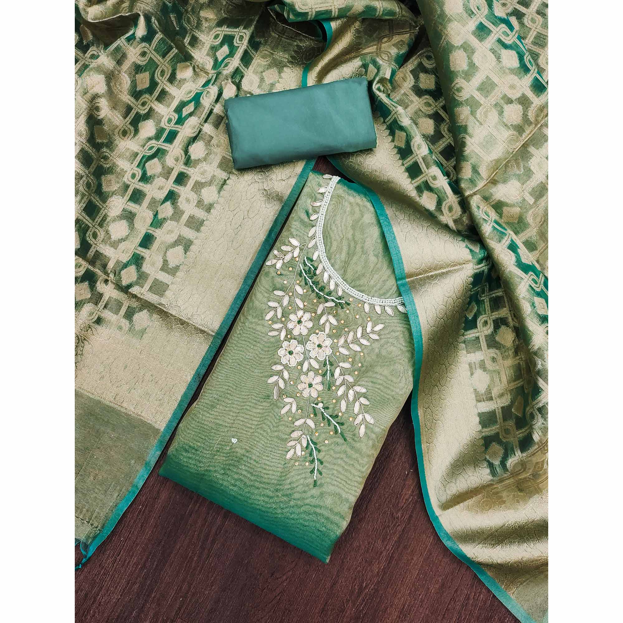 Rama Green Floral Moti With Gota Patti Handwork Viscose Dress Material