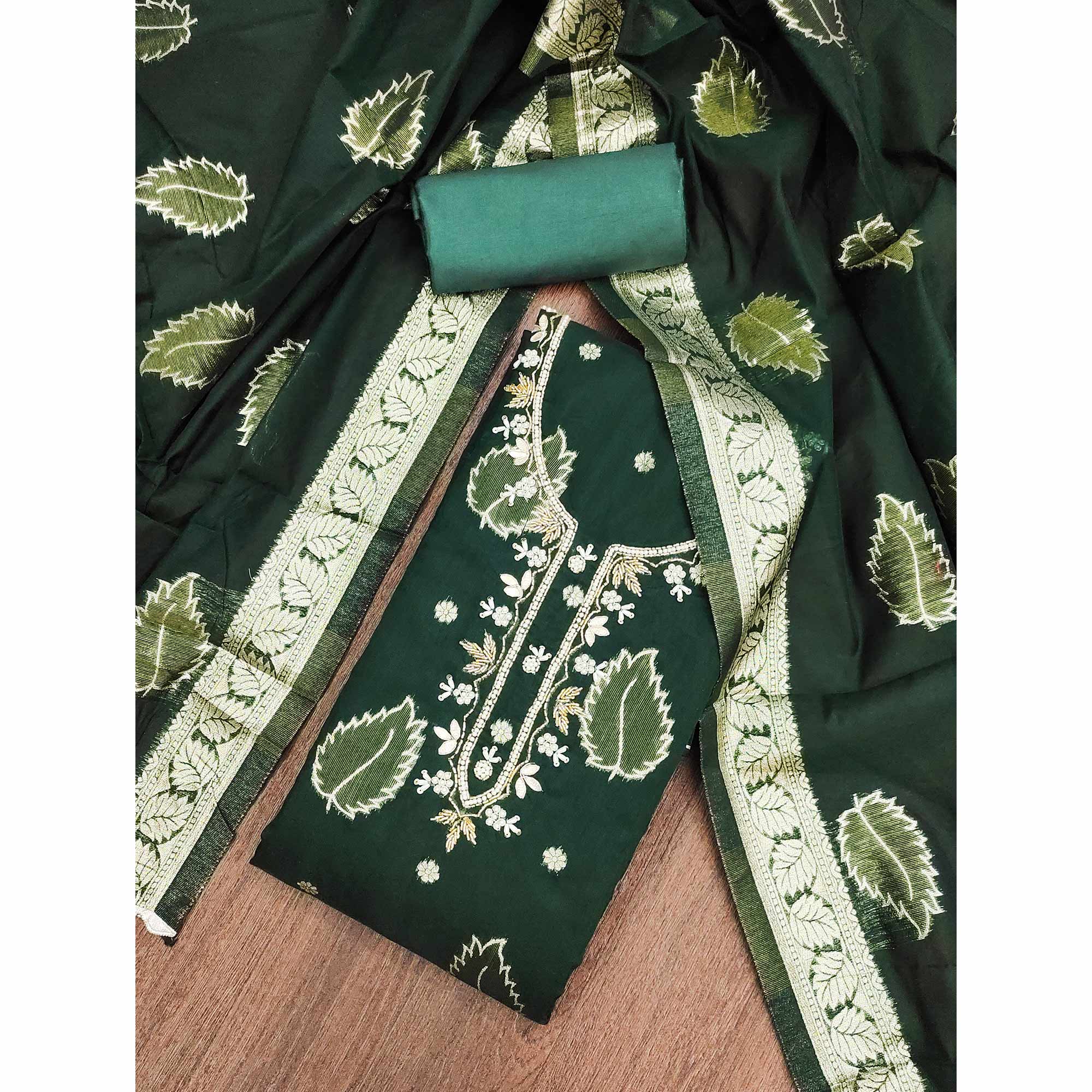 Green Floral Woven With Handwork Chanderi Banarasi Dress Material