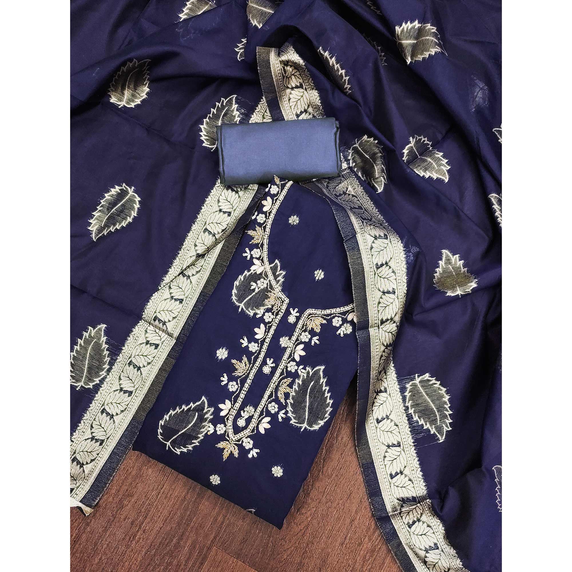 Navy Blue Floral Woven With Handwork Chanderi Banarasi Dress Material