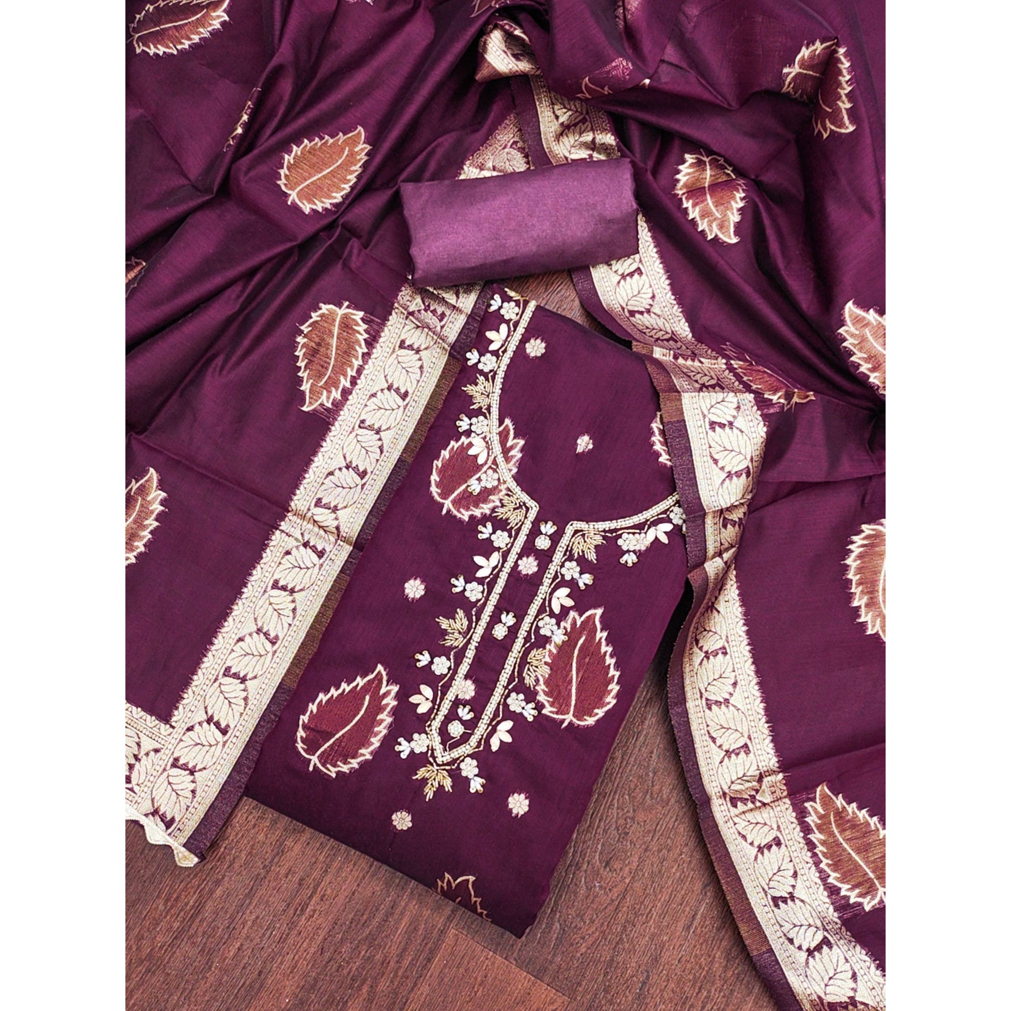 Purple Floral Woven With Handwork Chanderi Banarasi Dress Material