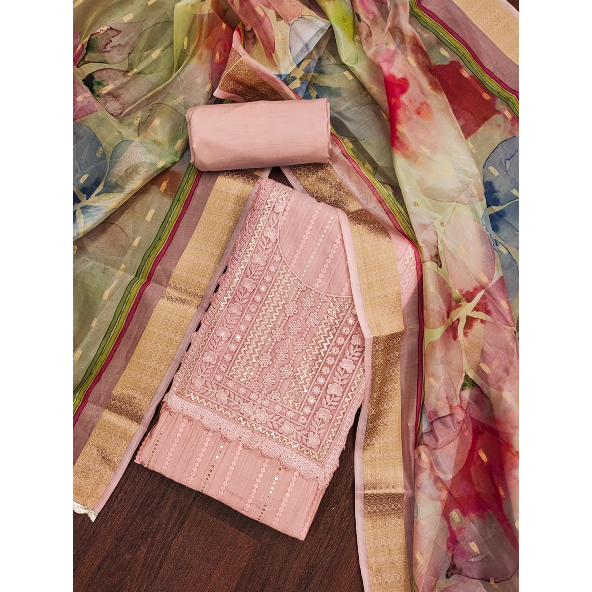 Peach Floral Sequins Embroidered Cotton Silk Dress Material