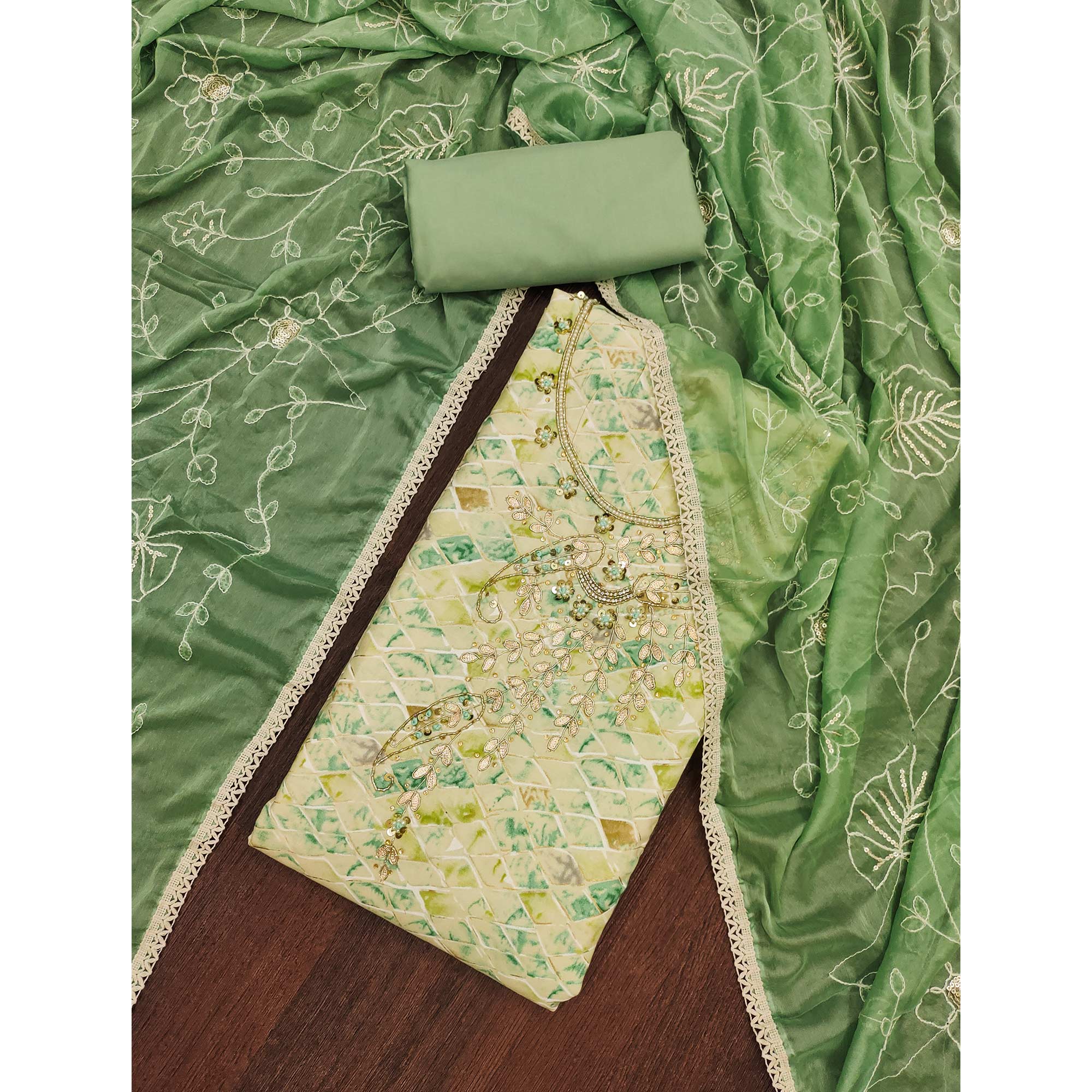 Cream & Pista Green Printed With Handwork Pure Cotton Dress Material