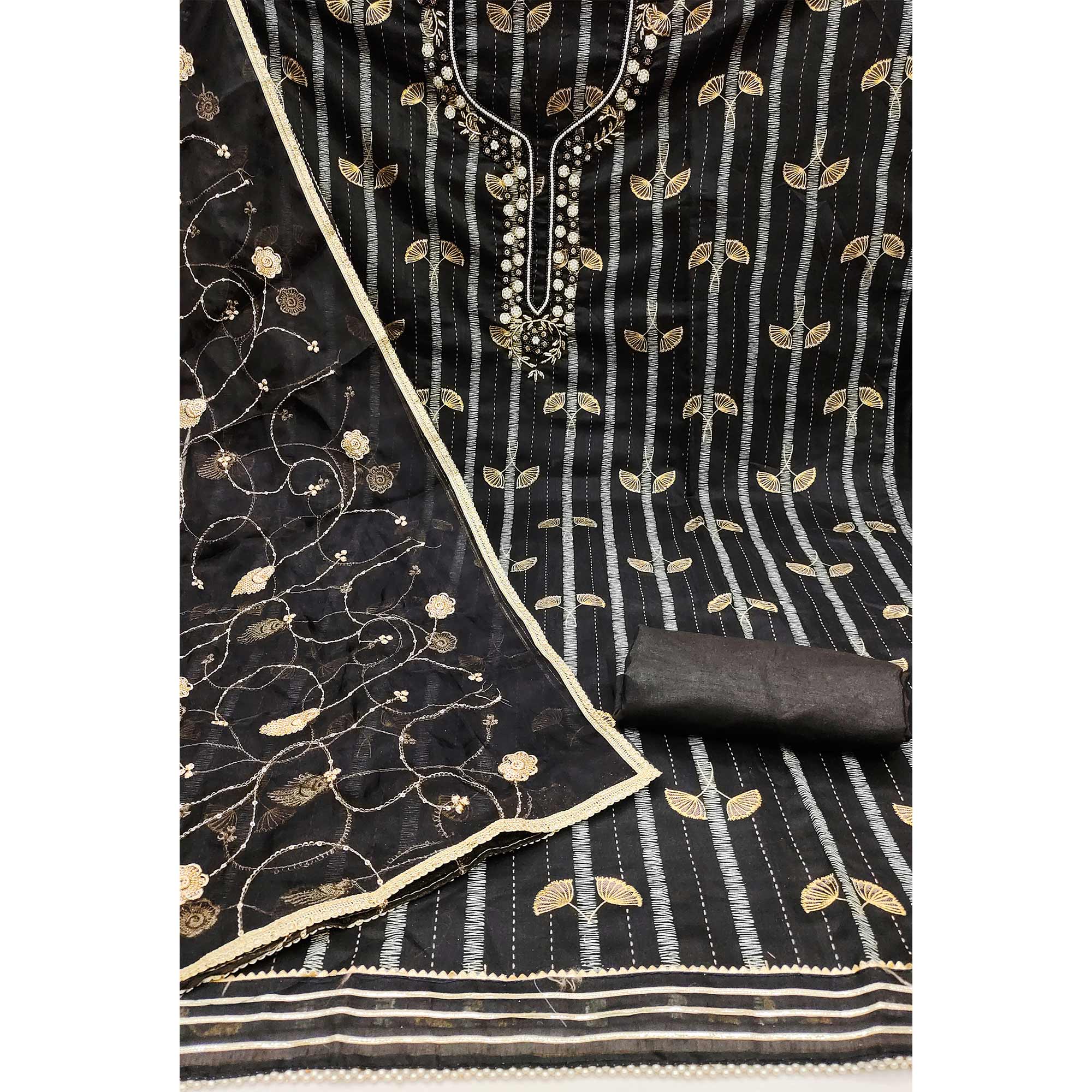 Black Floral Foil Printed With Handwork Chanderi Dress Material