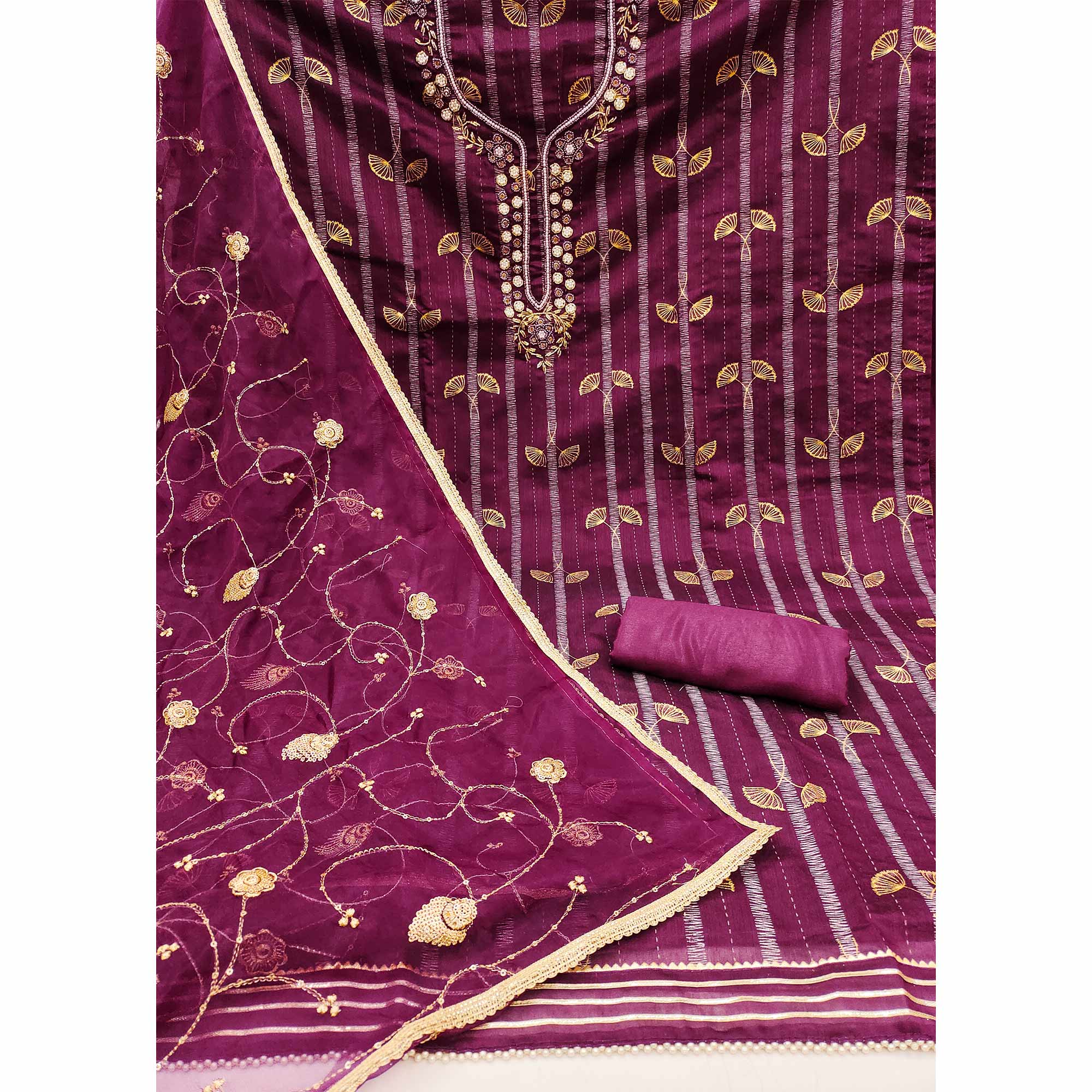 Purple Floral Foil Printed With Handwork Chanderi Dress Material