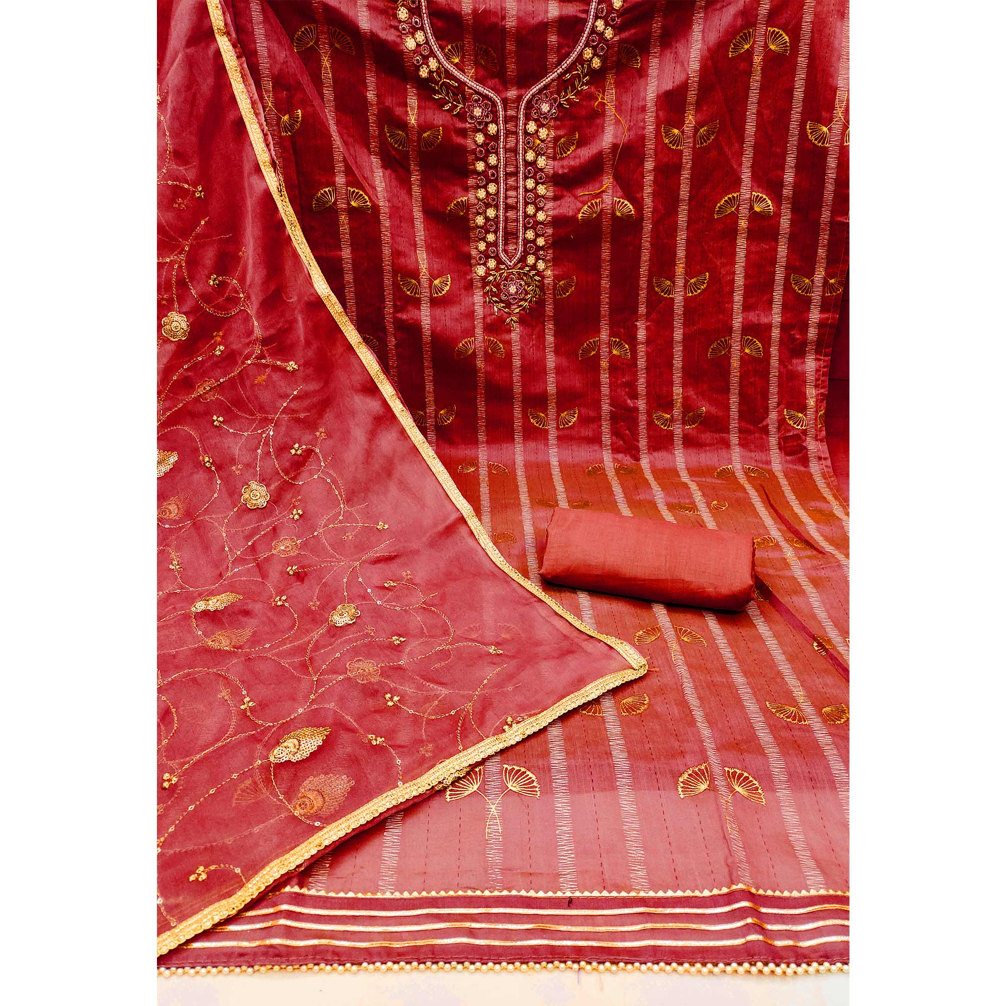 Red Floral Foil Printed With Handwork Chanderi Dress Material