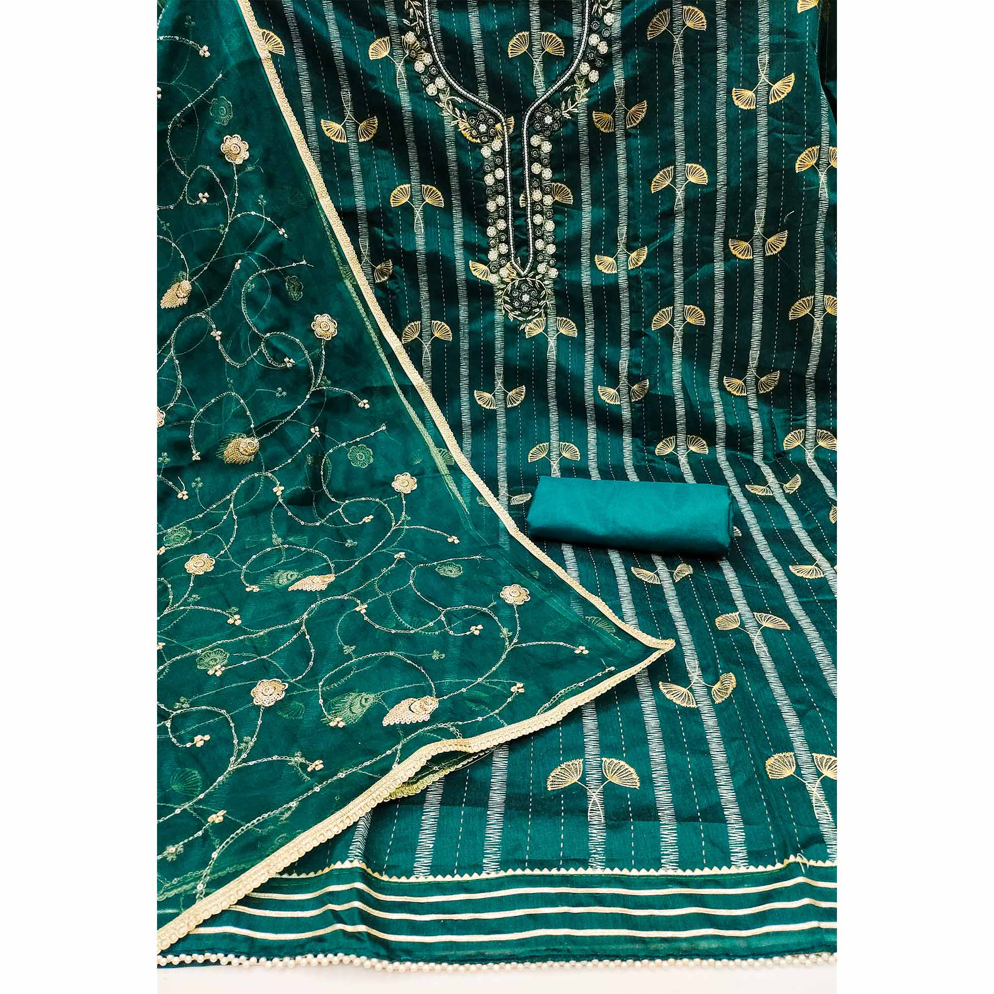 Teal Floral Foil Printed With Handwork Chanderi Dress Material