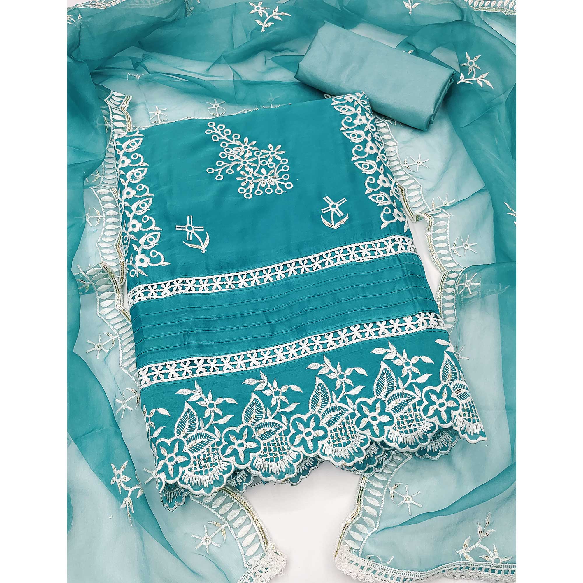 Blue Floral Sequins Embroidered Organza Dress Material