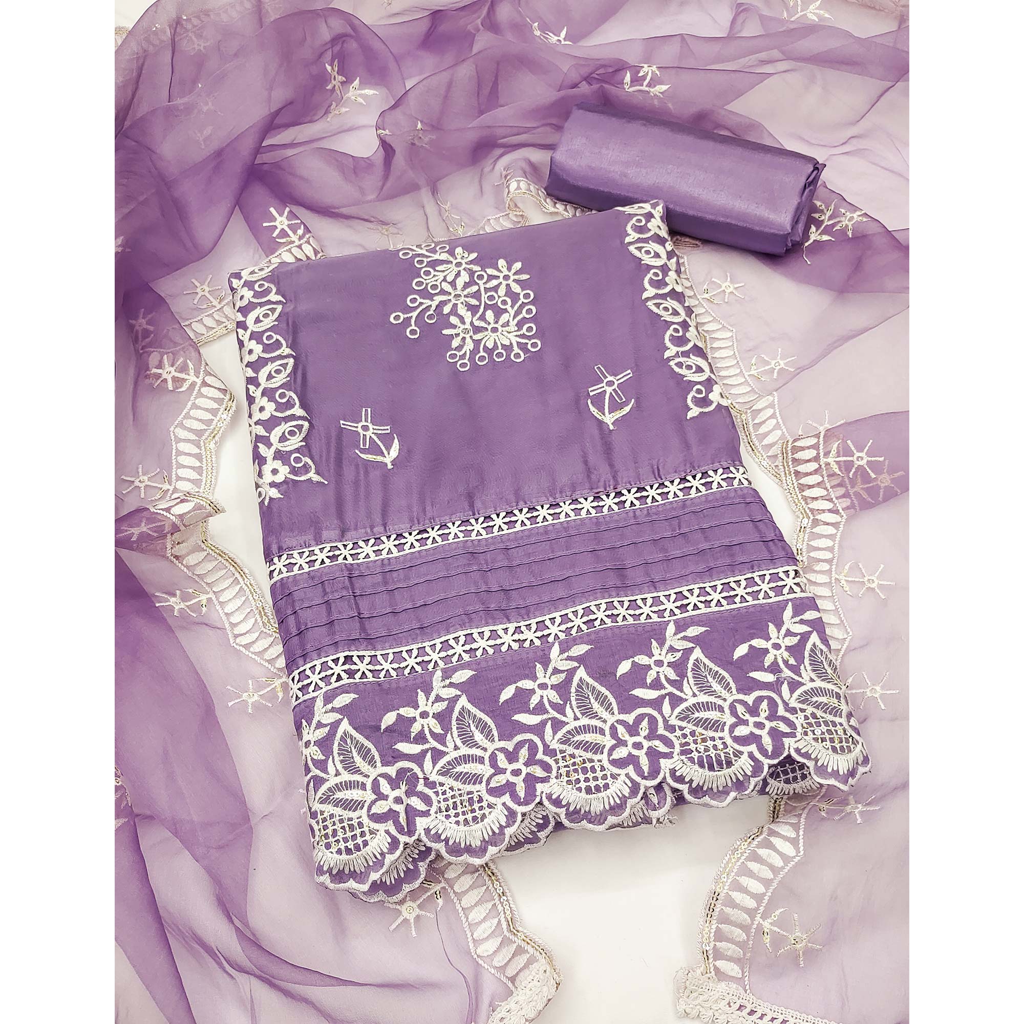 Lavender Floral Sequins Embroidered Organza Dress Material