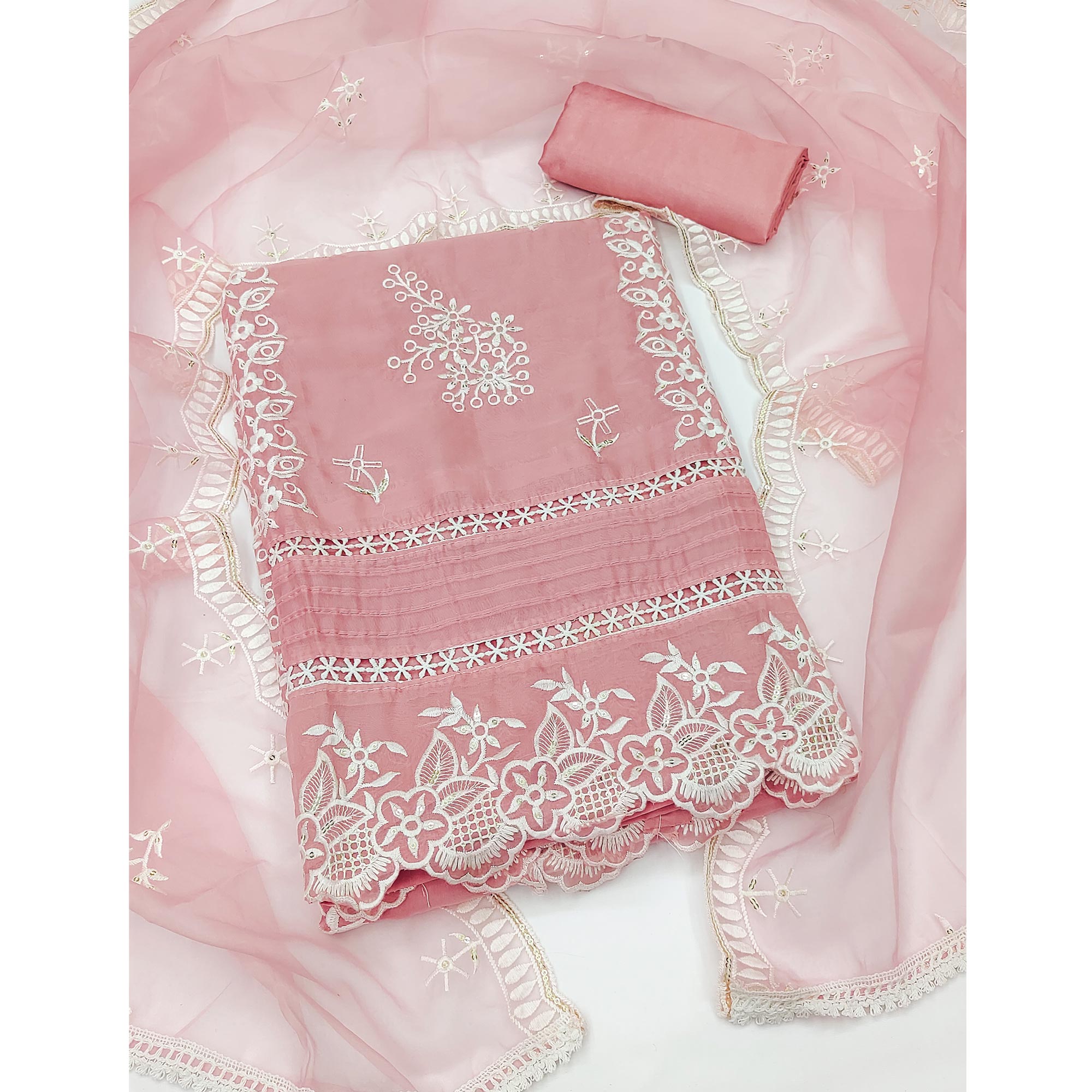 Peach Floral Sequins Embroidered Organza Dress Material