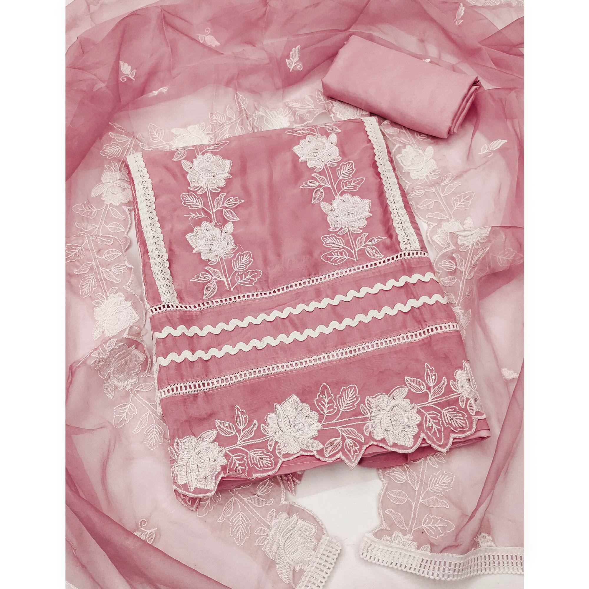 Onion Pink Floral Embroidery With Stonework Organza Dress Material
