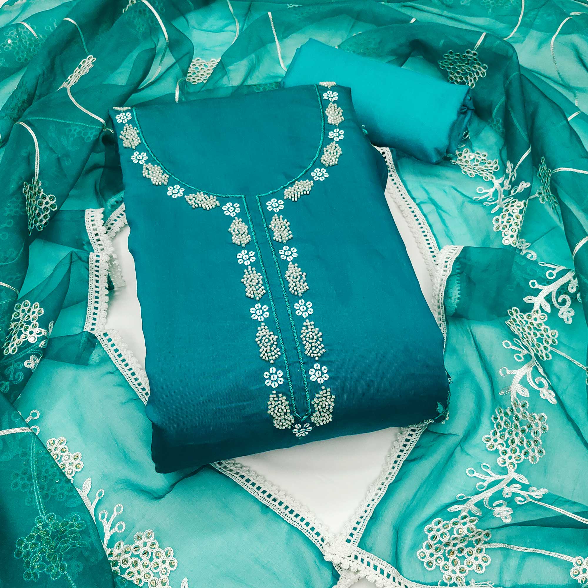 Rama Blue Floral Sequins Embroidery With Handwork Cotton Silk Dress Material