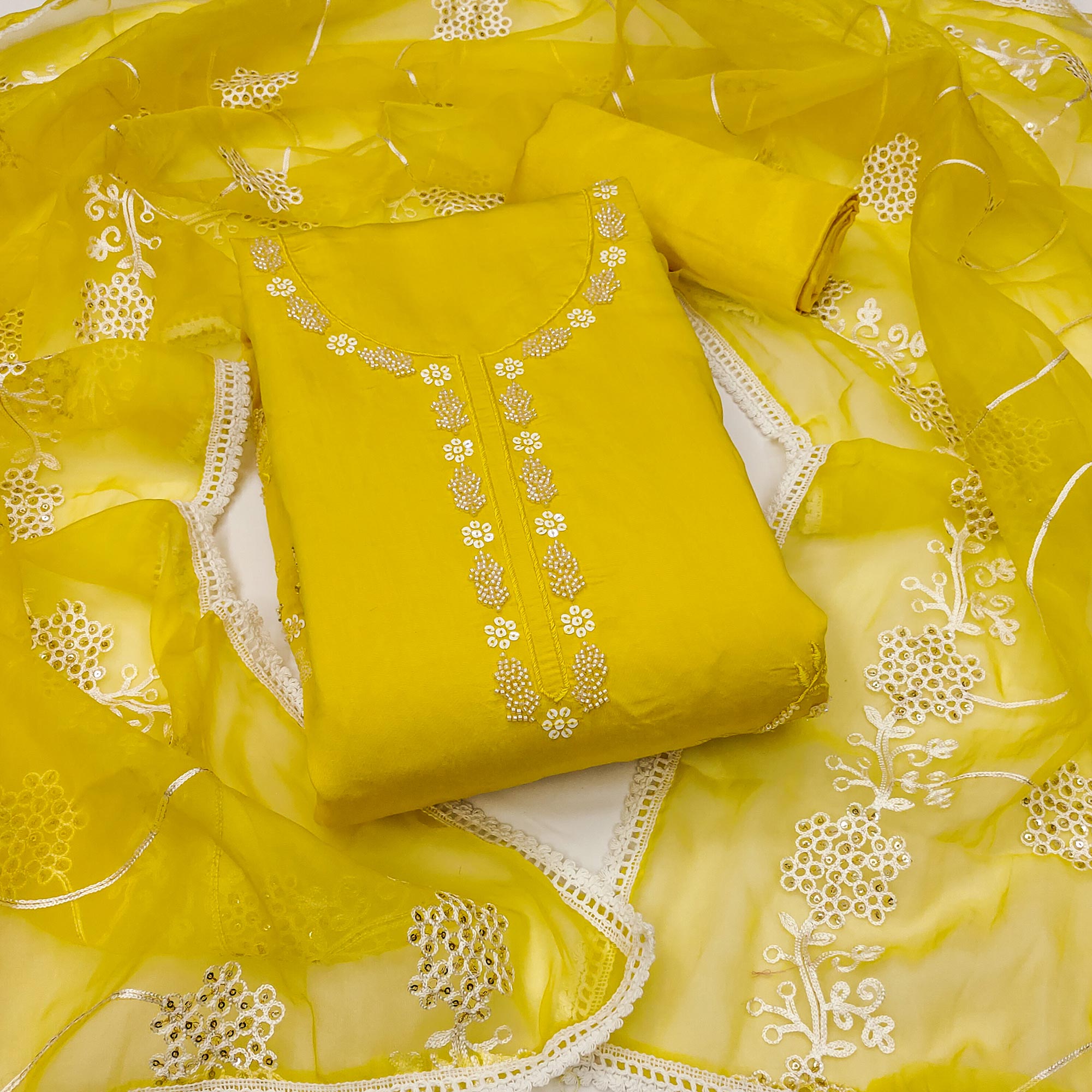 Yellow Floral Sequins Embroidery With Handwork Cotton Silk Dress Material