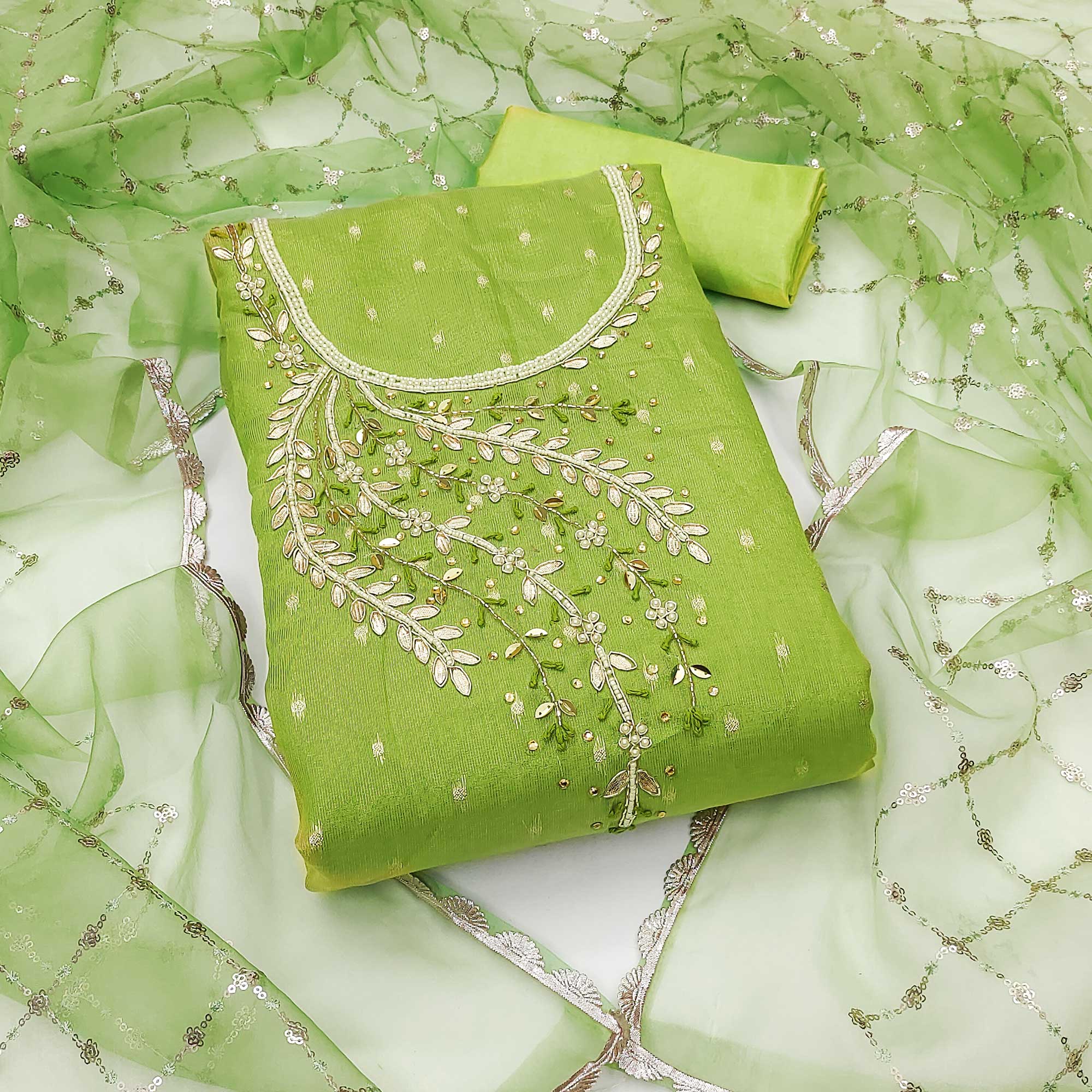 Green Woven With Handwork Shimmer Banarasi Silk Material Material