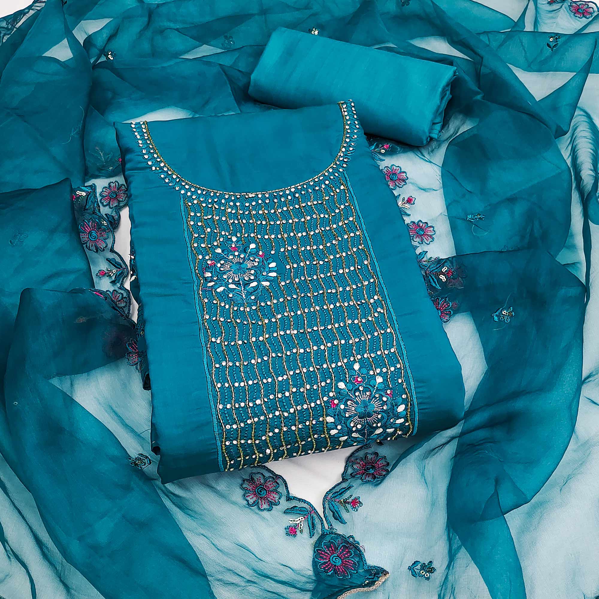 Blue Floral Embroidery With Handwork Roman Cotton Silk Material Material