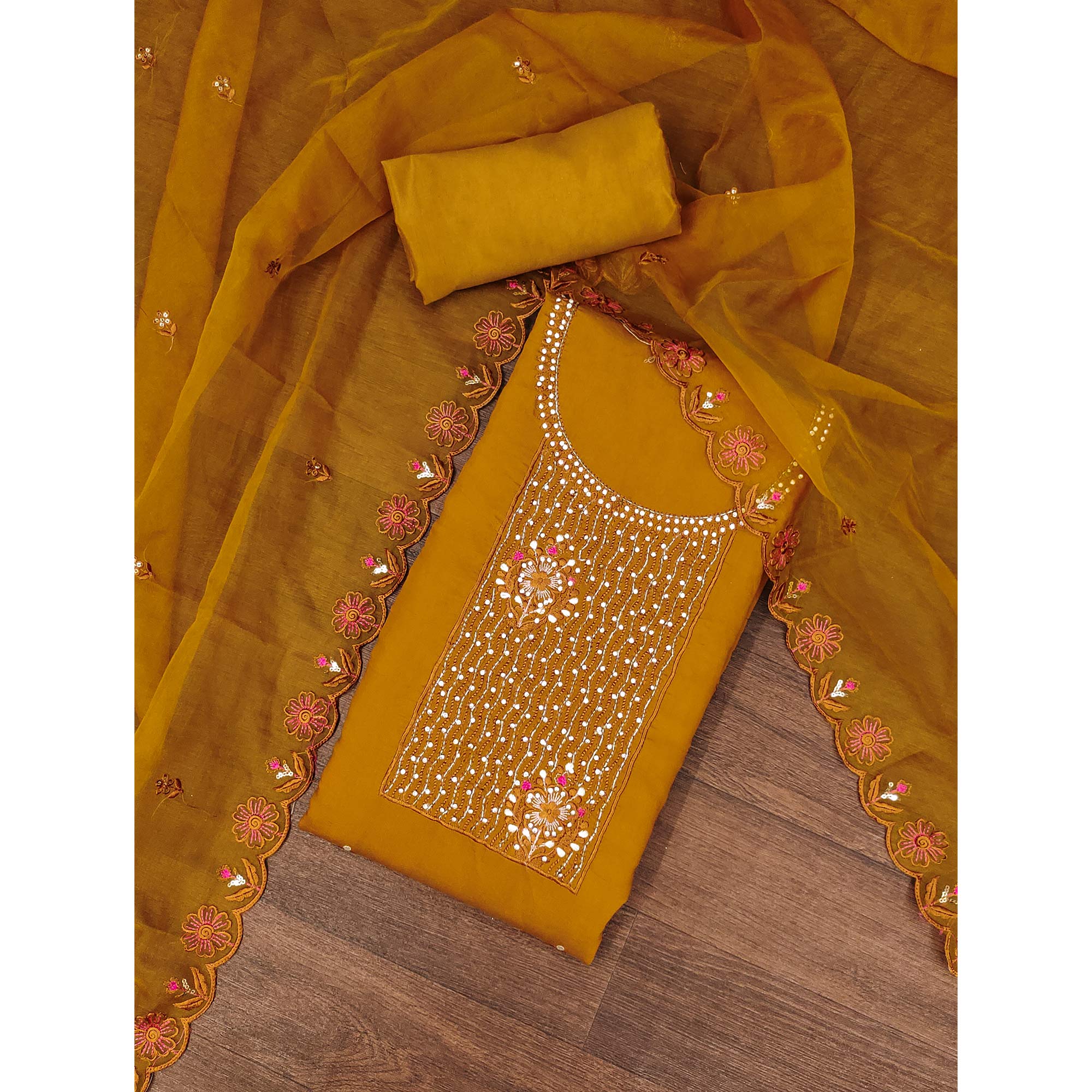 Mustard Floral Embroidery With Stonework Cotton Silk Dress Material