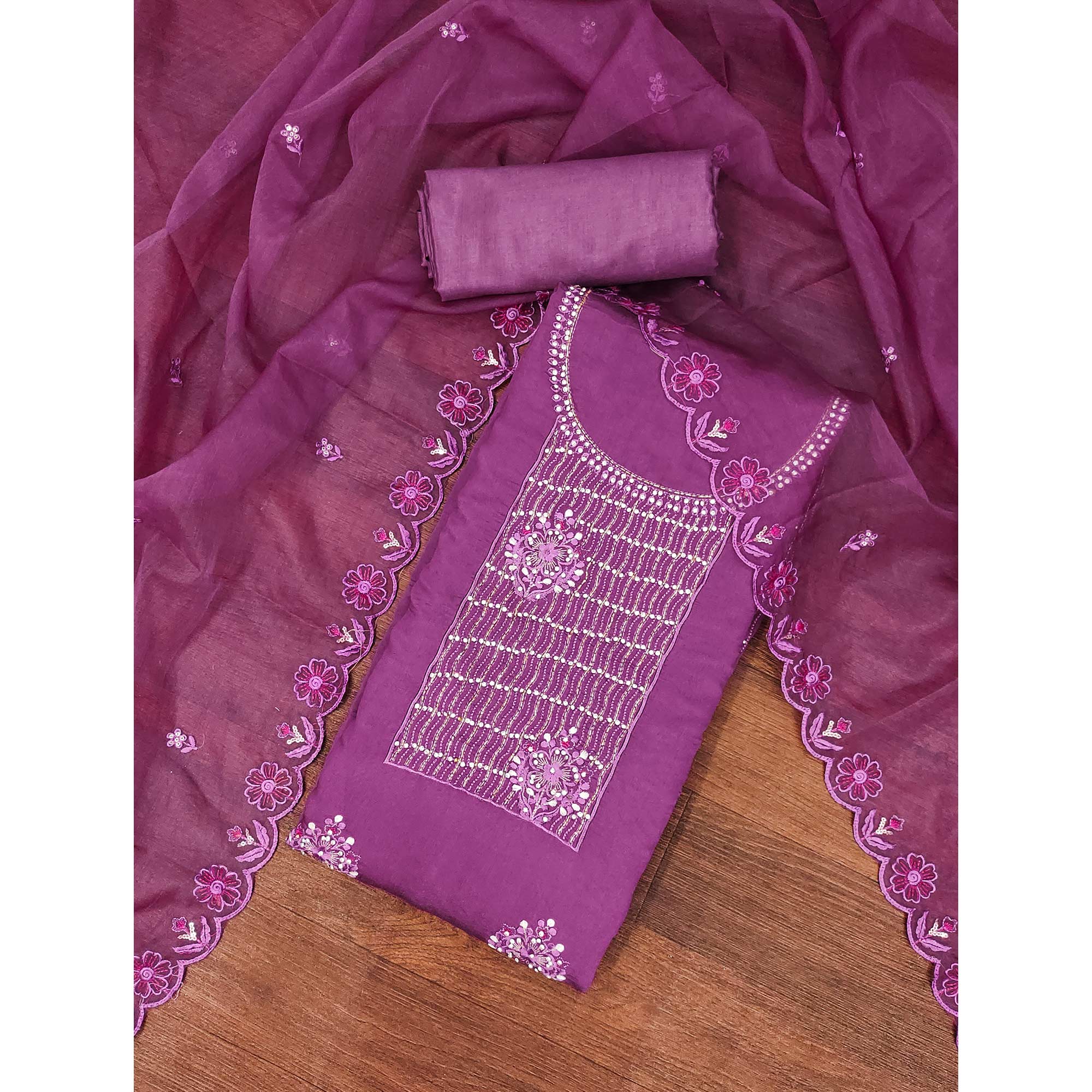 Purple Floral Embroidery With Stonework Cotton Silk Dress Material